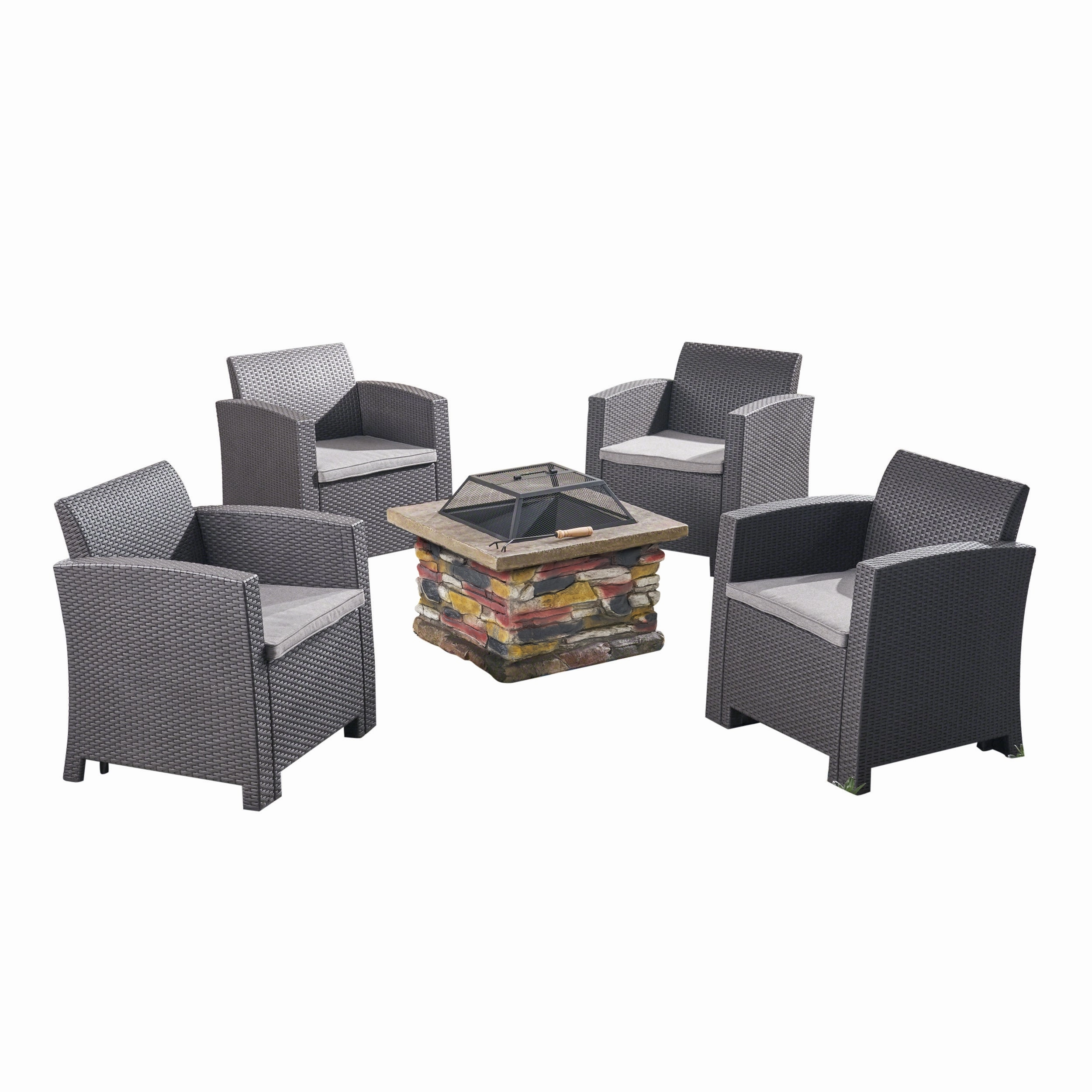 Outdoor 4-Seater Wicker Print Chat Set with Wood Burning Fire Pit - NH298503 outdoor furniture, garden bench