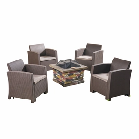 Outdoor 4-Seater Wicker Print Chat Set with Wood Burning Fire Pit, Brown and Mixed Beige and Natural Stone - NH398503 outdoor furniture, garden bench