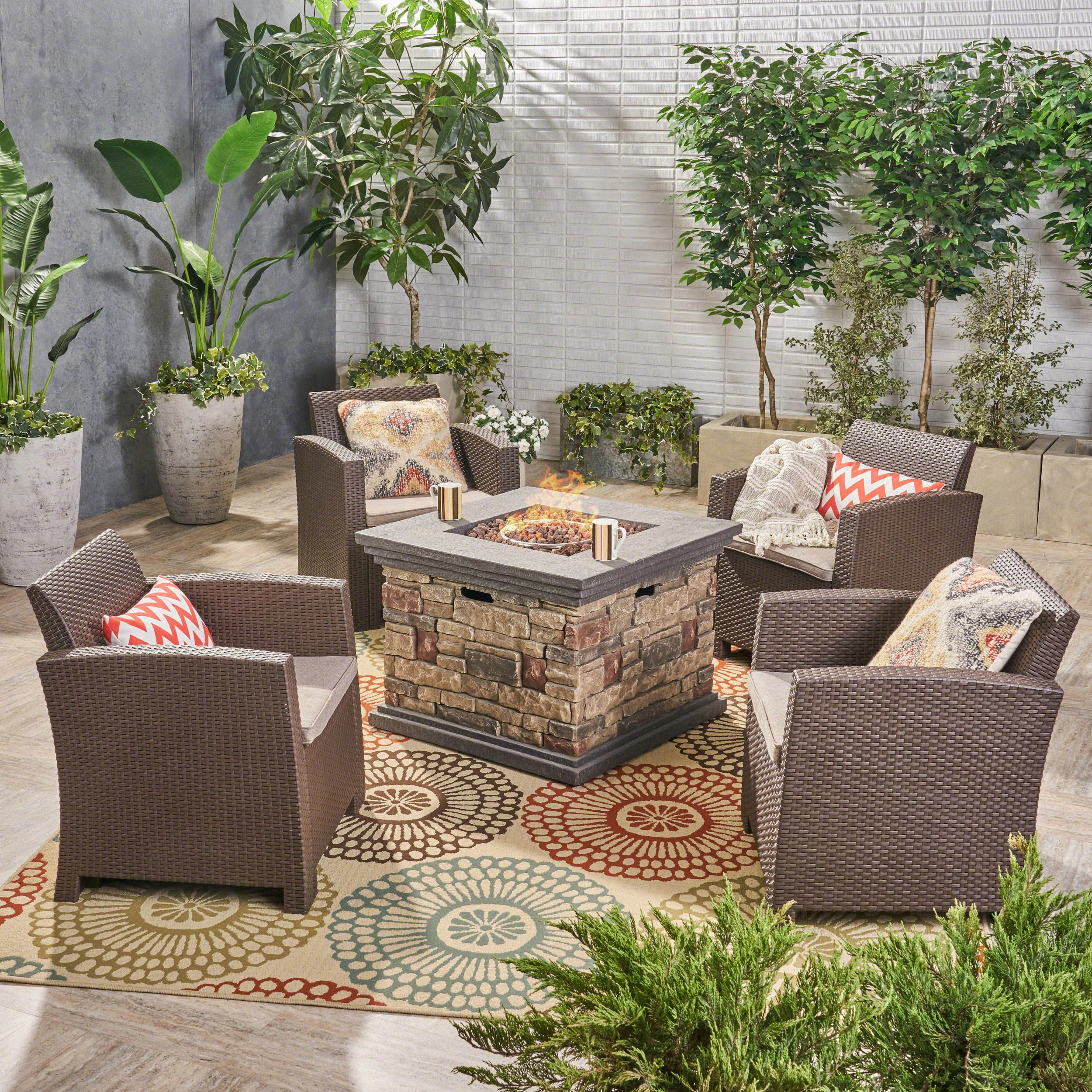 Outdoor 4-Seater Wicker Print Club Chair Chat Set with Fire Pit - NH513603 outdoor furniture, garden bench