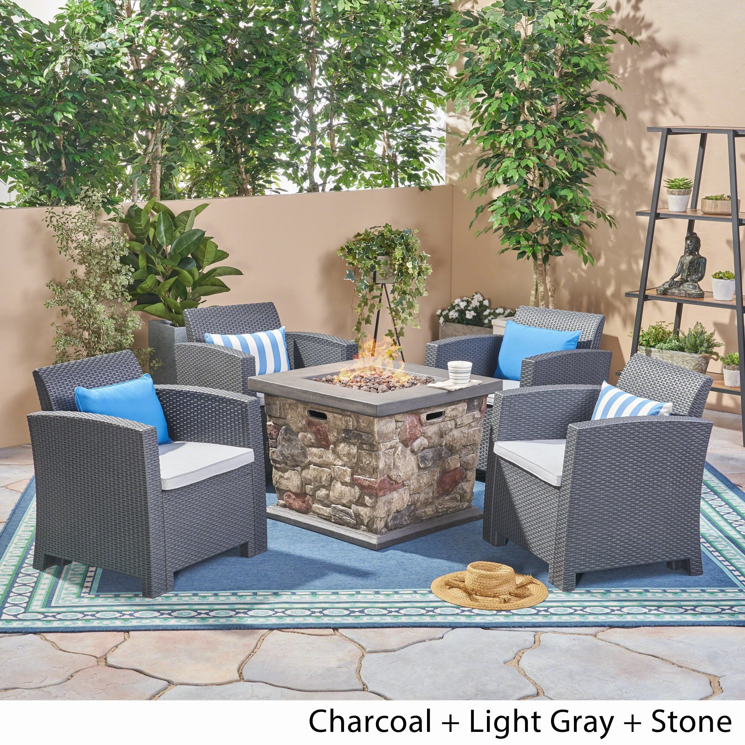 Outdoor 4-Seater Wicker Print Club Chair Chat Set With Fire Pit - NH823603