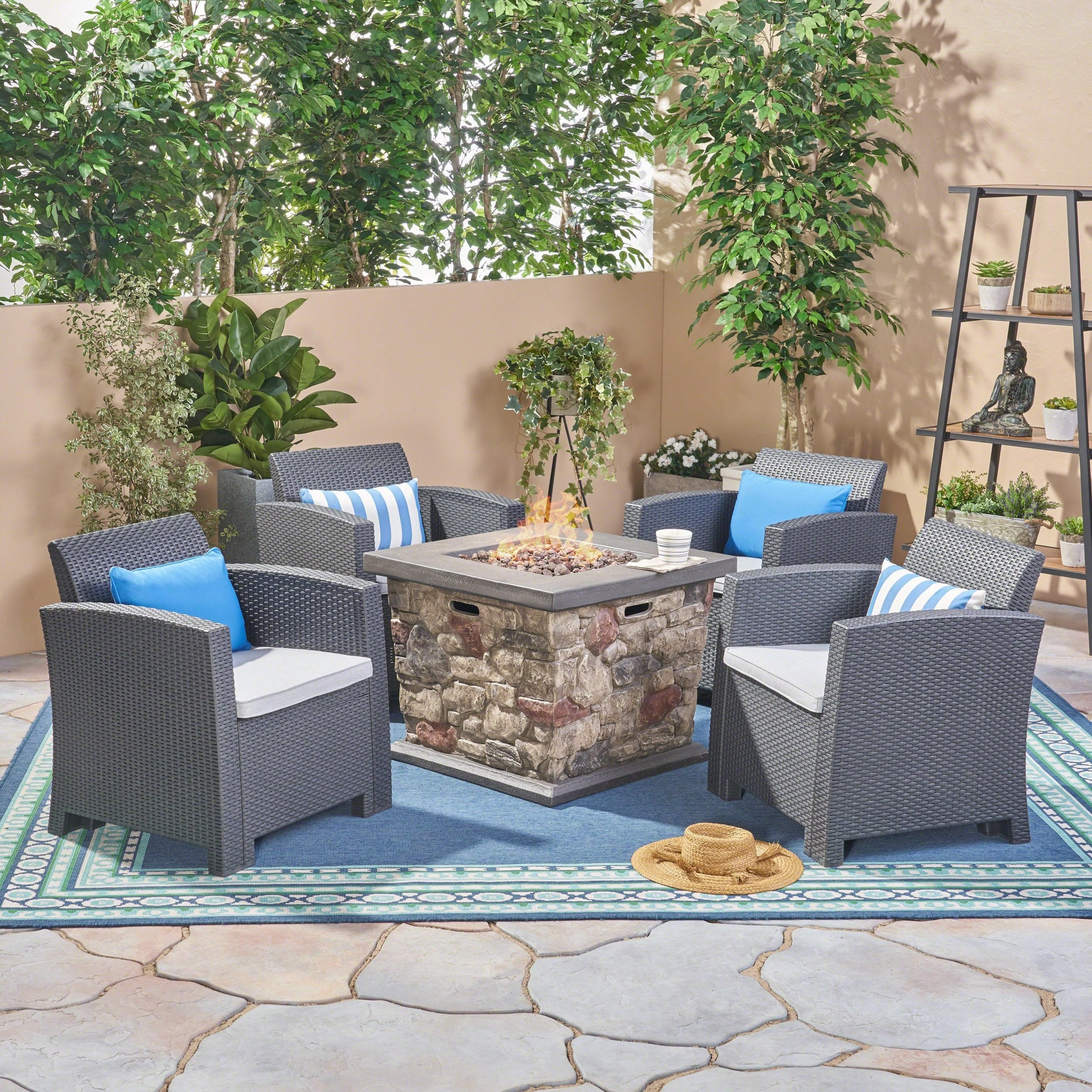 Outdoor 4-Seater Wicker Print Club Chair Chat Set With Fire Pit - NH823603 outdoor furniture, garden bench