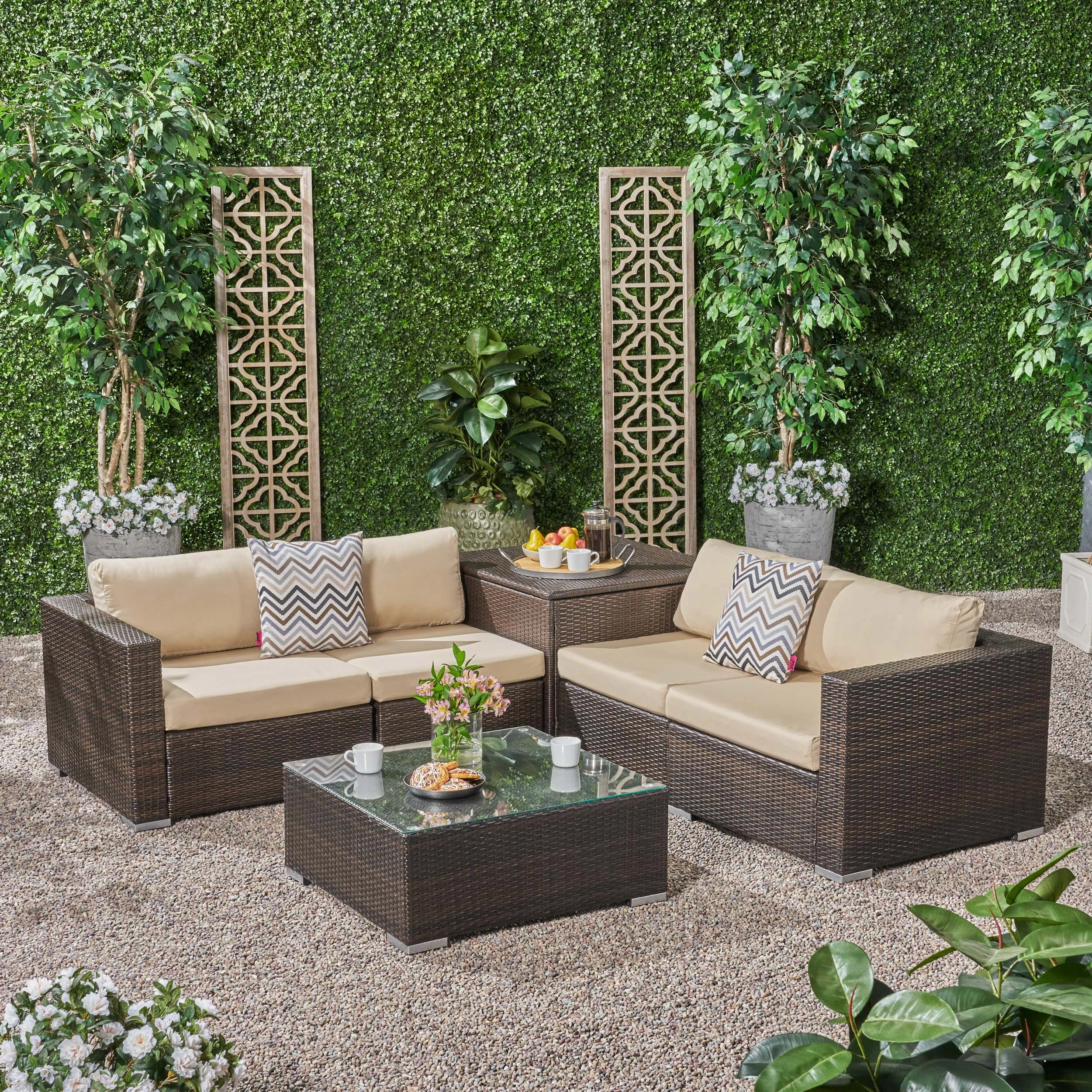 Outdoor 4 Seater Wicker Sofa Set with Storage Ottoman and Sunbrella Cushions - NH415803 outdoor furniture, garden bench
