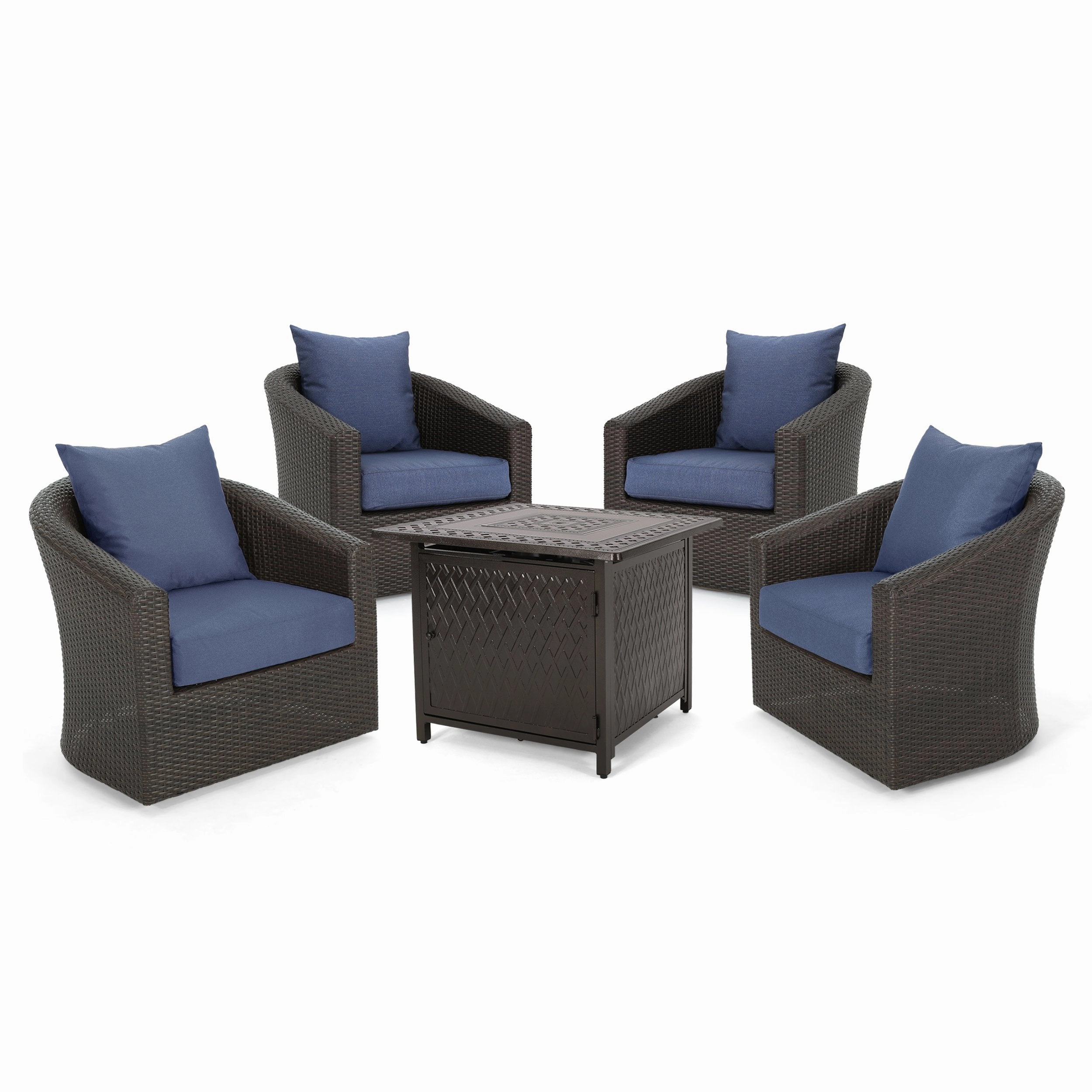 Outdoor 4 Seater Wicker Swivel Chair and Fire Pit Set - NH969213