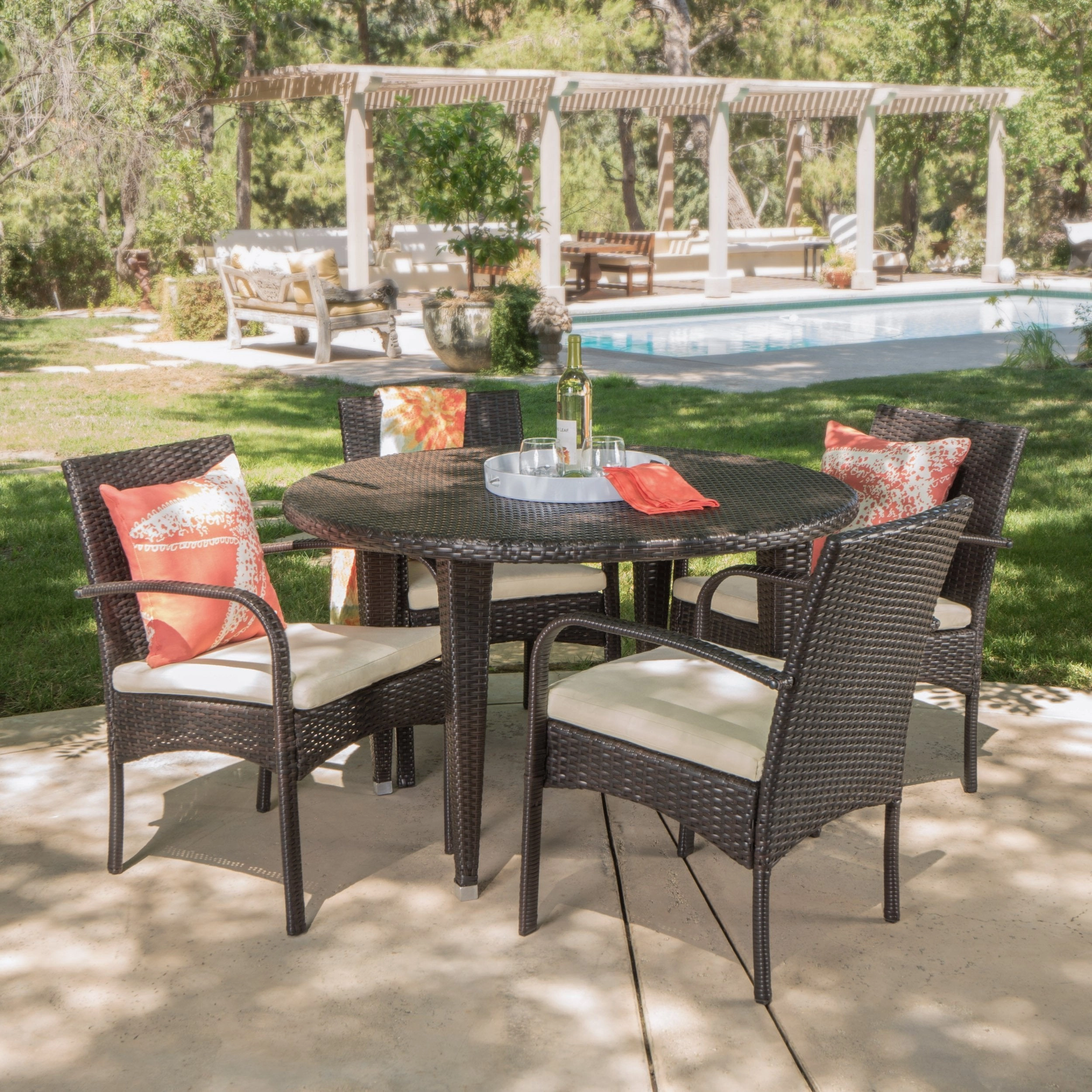 Outdoor 5 Pc Wicker Round Dining Set w/ Water Resistant Cushions - NH941103 outdoor lounge chair, patio sofa