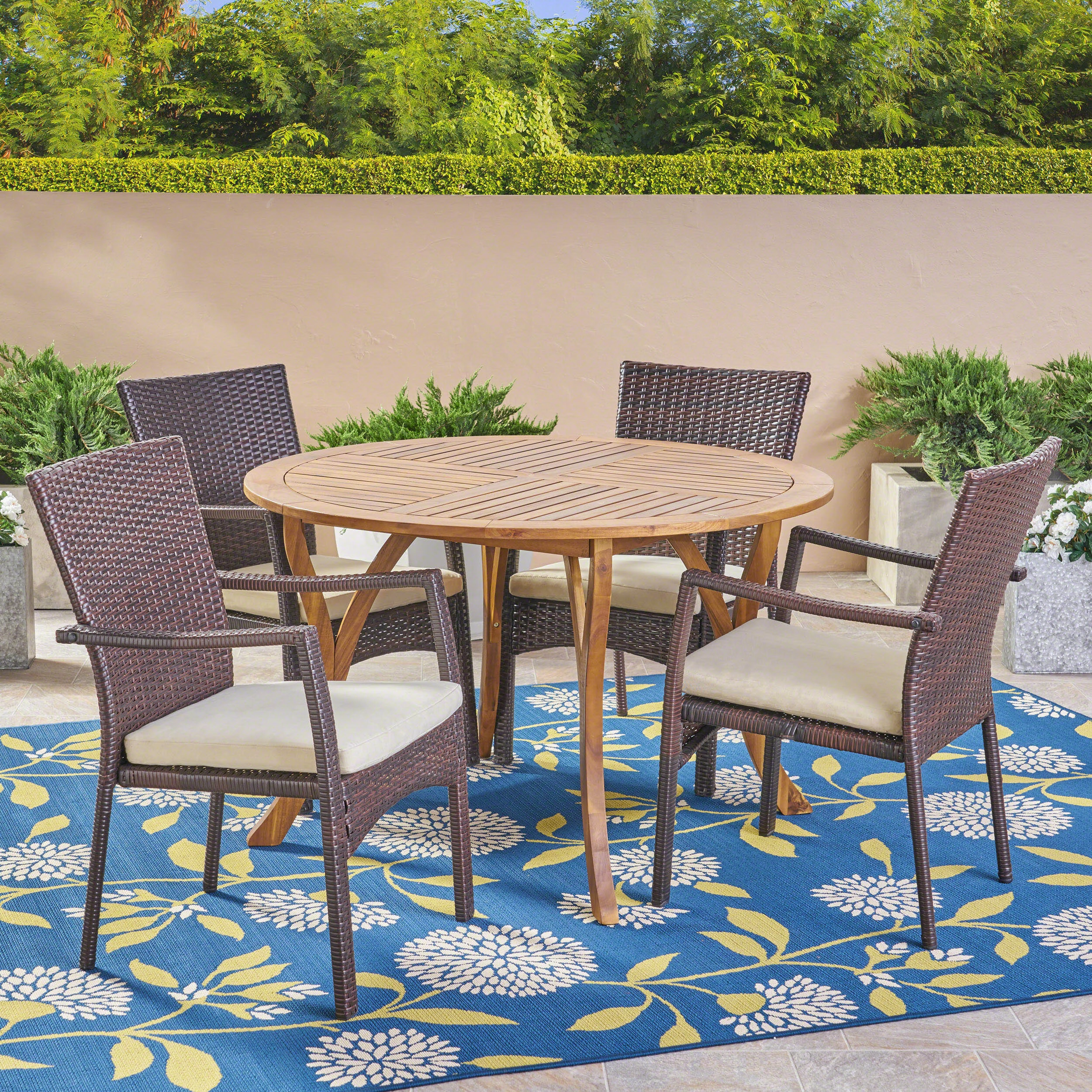 Outdoor 5 Piece Acacia Wood and Wicker Dining Set - NH020503