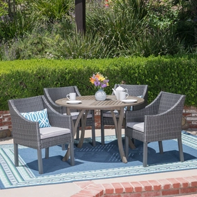 Outdoor 5 Piece Acacia Wood and Wicker Dining Set, Gray with Gray Chairs - NH220503 outdoor lounge chair, patio sofa
