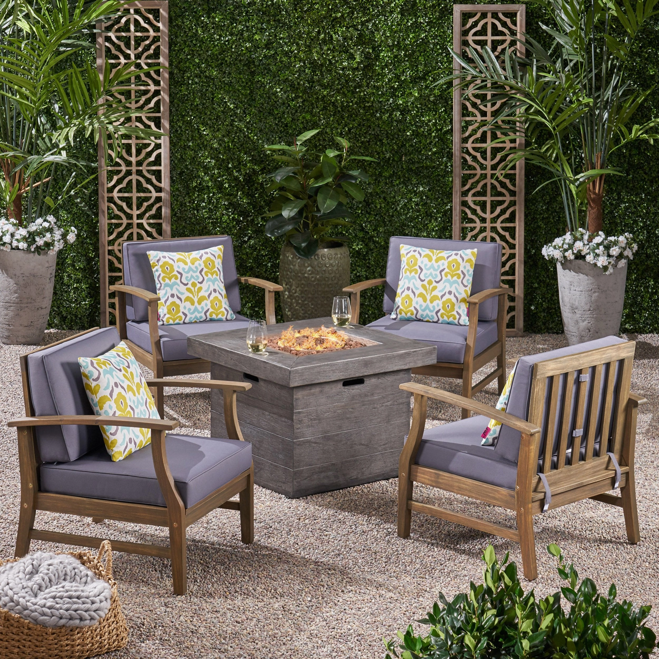 Outdoor 5 Piece Acacia Wood Club Chair and Fire Pit Set, Gray Finish and Gray - NH613803 outdoor furniture, garden bench