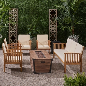 Outdoor 5 Piece Acacia Wood Conversational Set with Cushions and Fire Pit - NH128703 outdoor furniture, garden bench