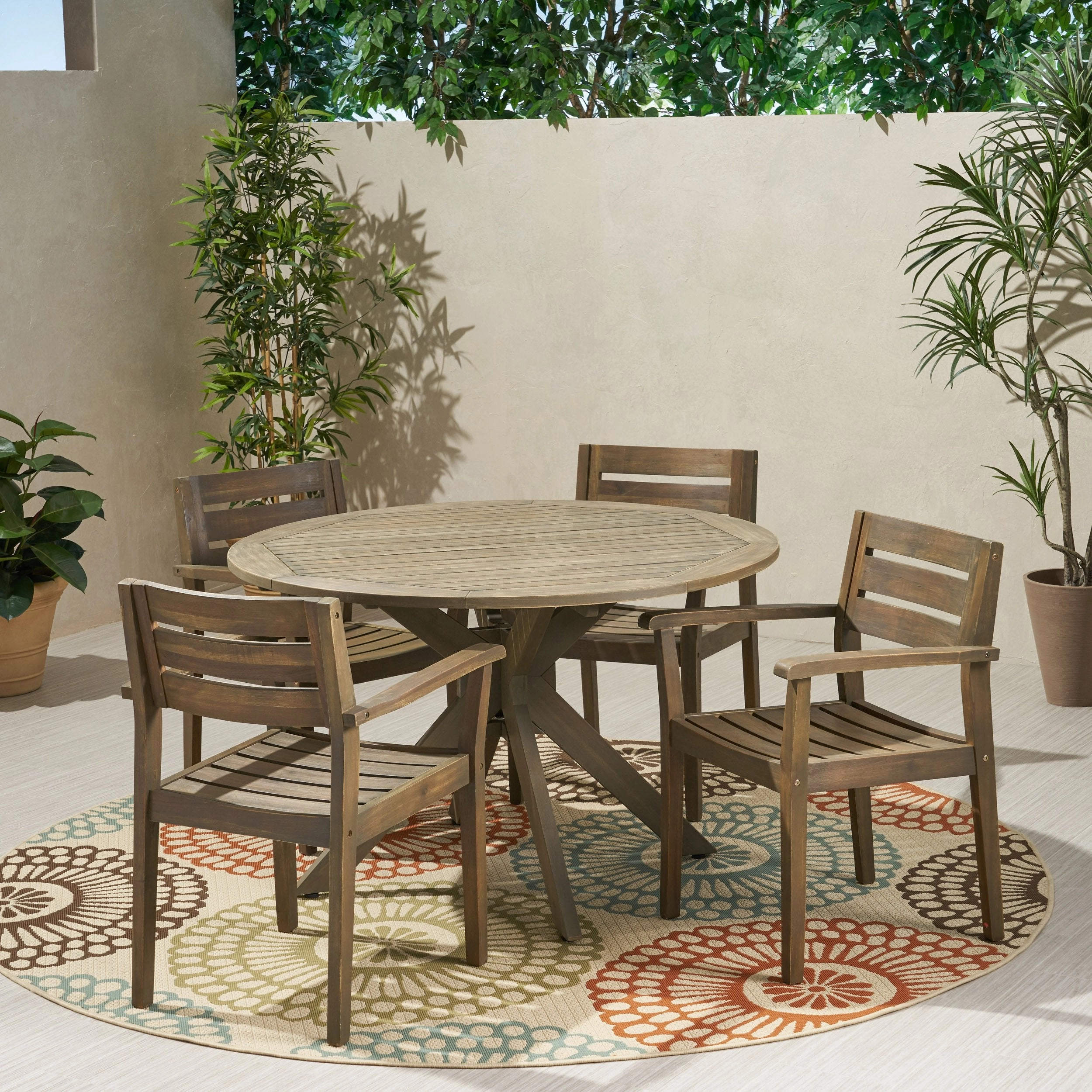 Outdoor 5 Piece Acacia Wood Dining Set with Round Table, Gray Finish - NH385503 outdoor lounge chair, patio sofa