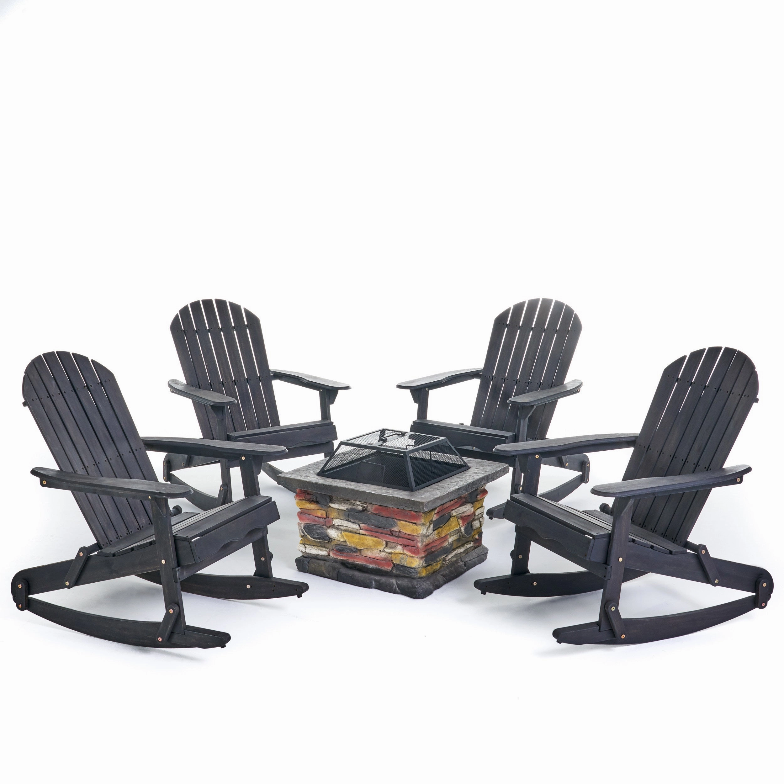 Outdoor 5 Piece Acacia Wood/ Light Weight Concrete Adirondack Chair Set with Fire Pit - NH313403
