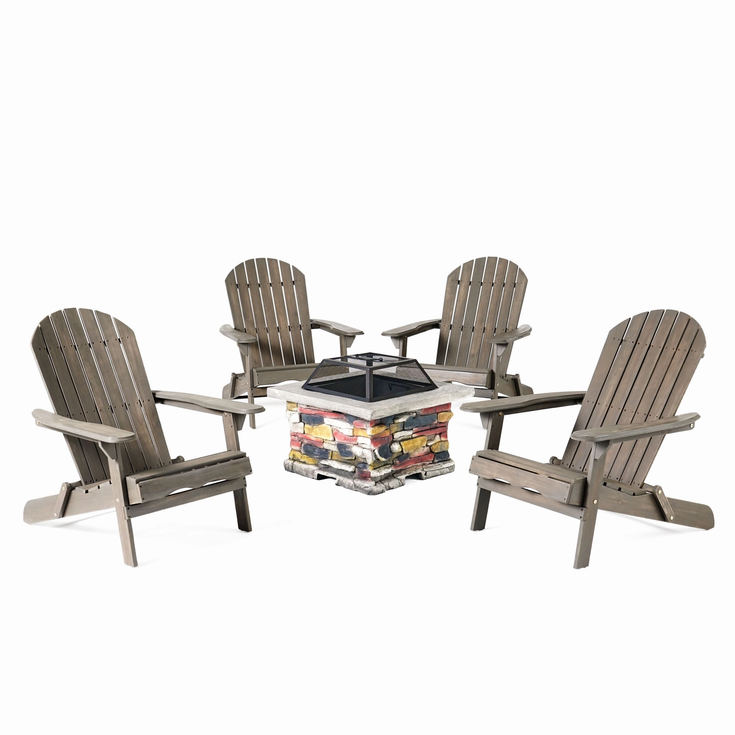 Outdoor 5 Piece Acacia Wood/ Light Weight Concrete Adirondack Chair Set with Fire Pit - NH313403