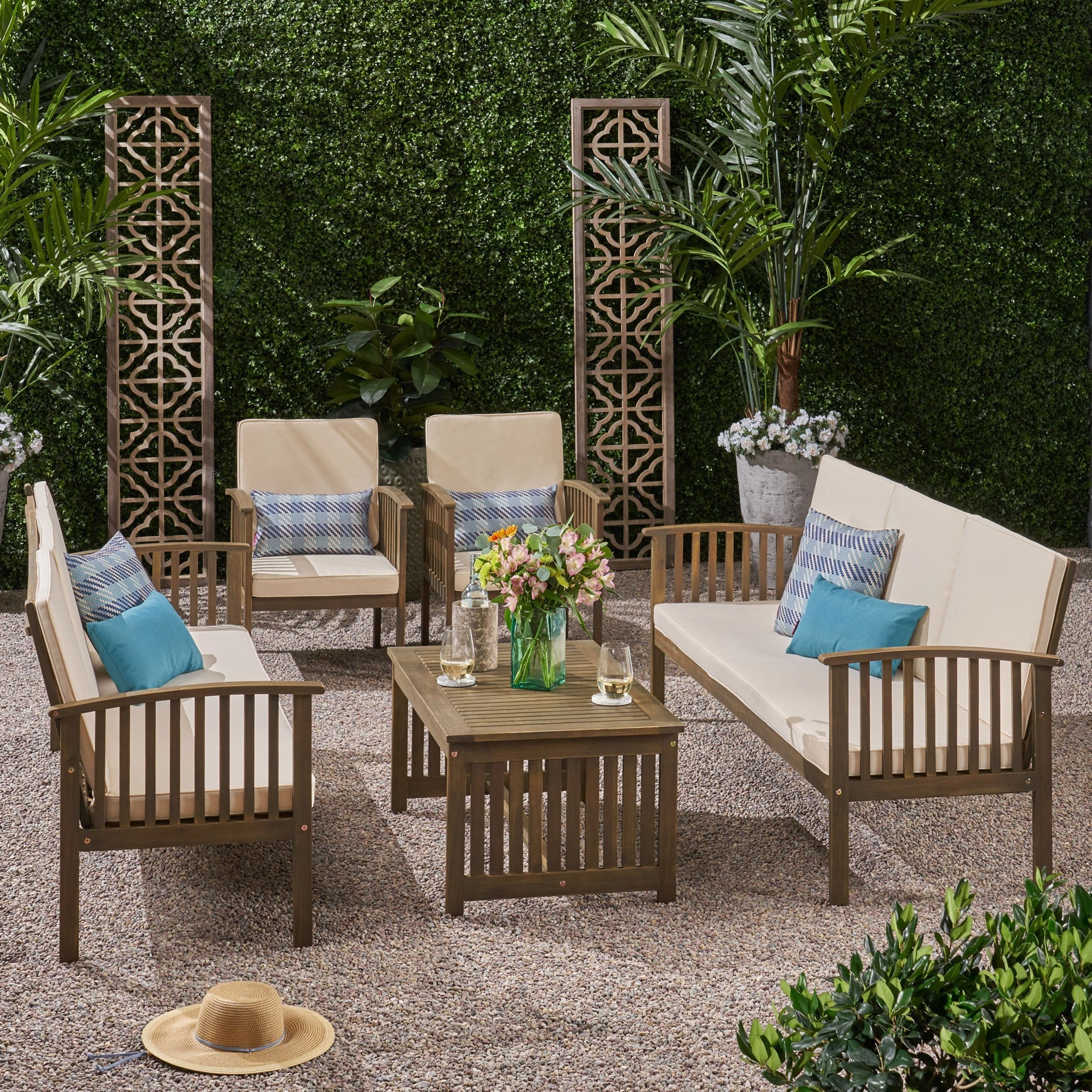 Outdoor 5 Piece Acacia Wood Sofa Conversational Set - NH202803
