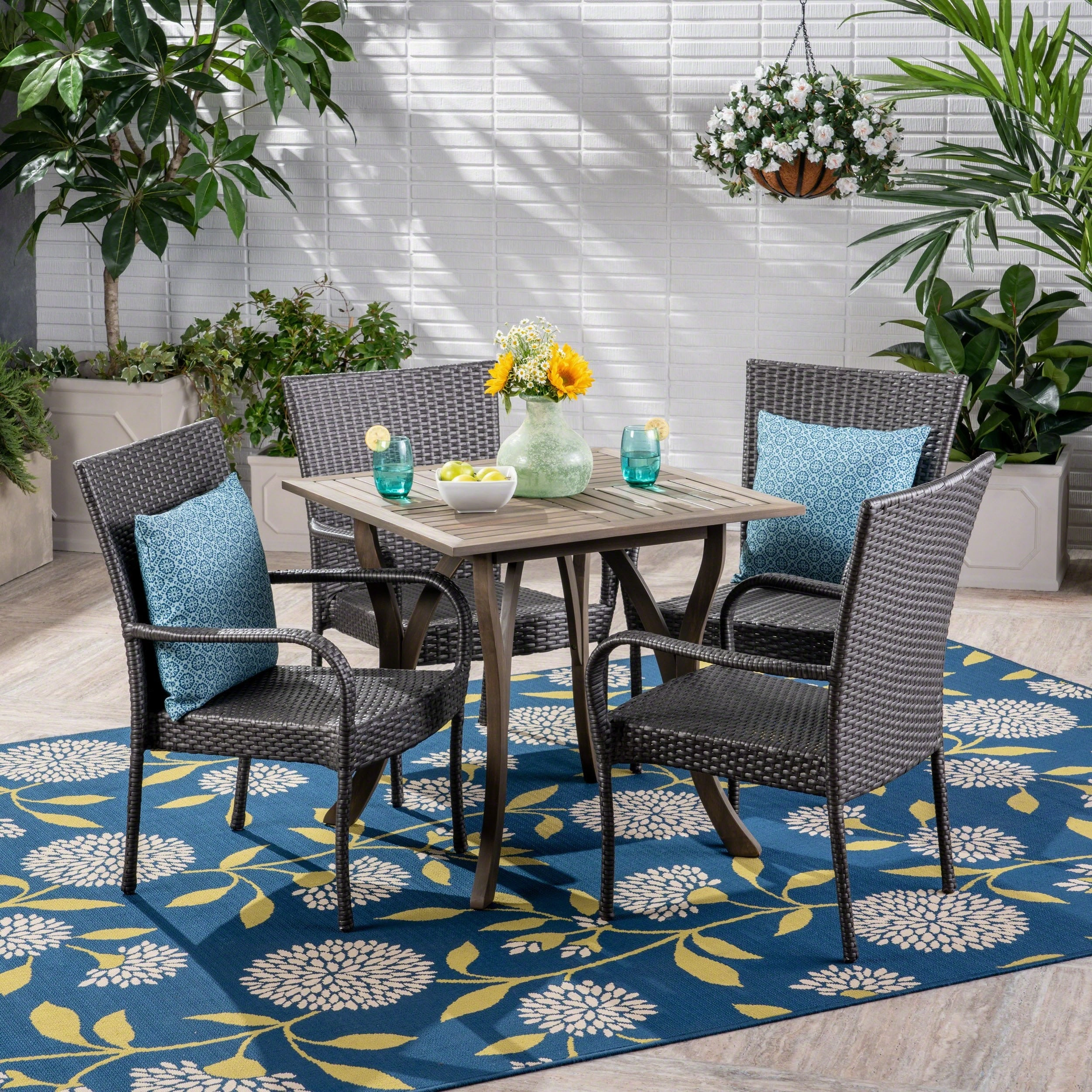 Outdoor 5 Piece Acacia Wood/ Wicker Dining Set, Teak Finish and Multibrown - NH403403
