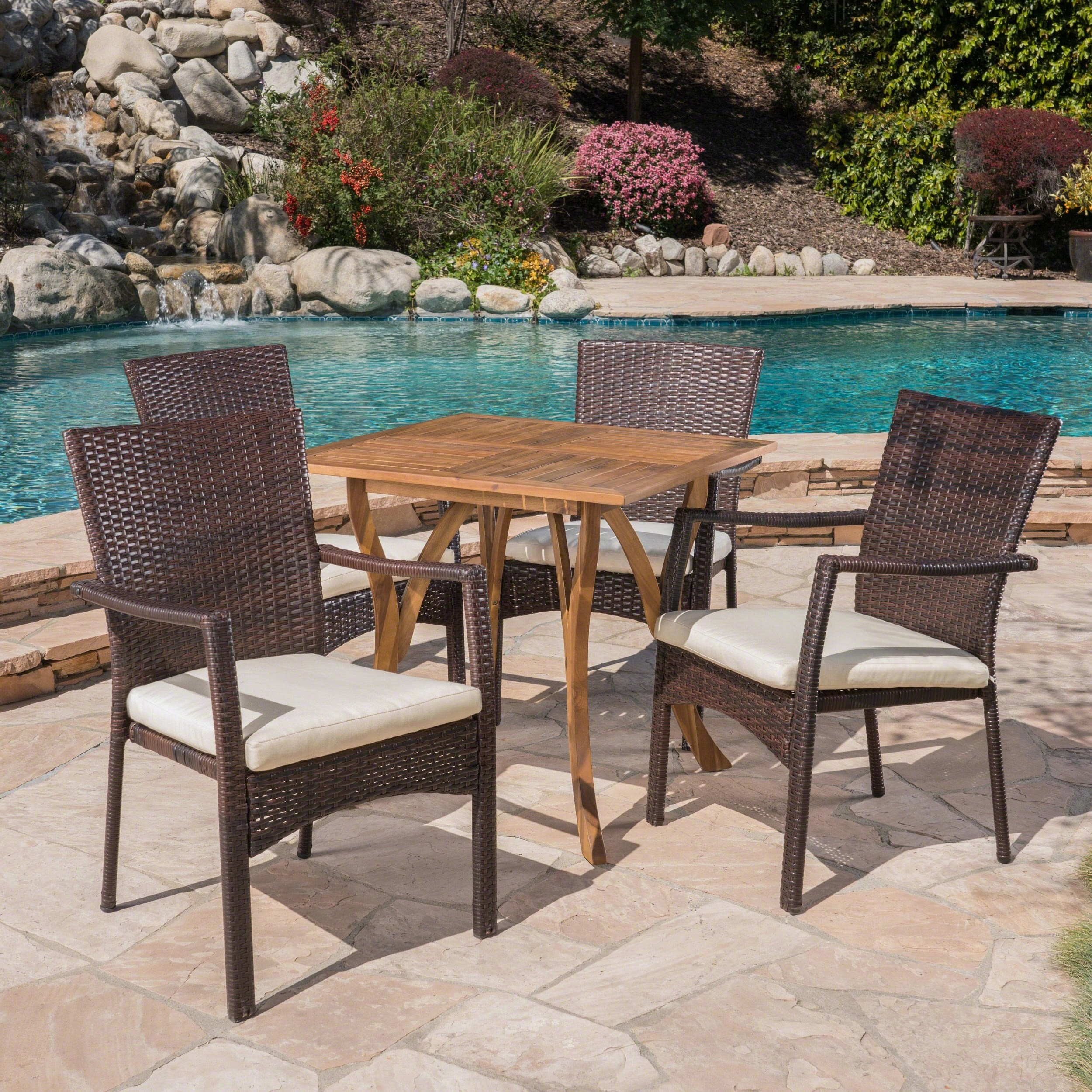 Outdoor 5 Piece Acacia Wood/ Wicker Dining Set with Cushions - NH703403 outdoor lounge chair, patio sofa