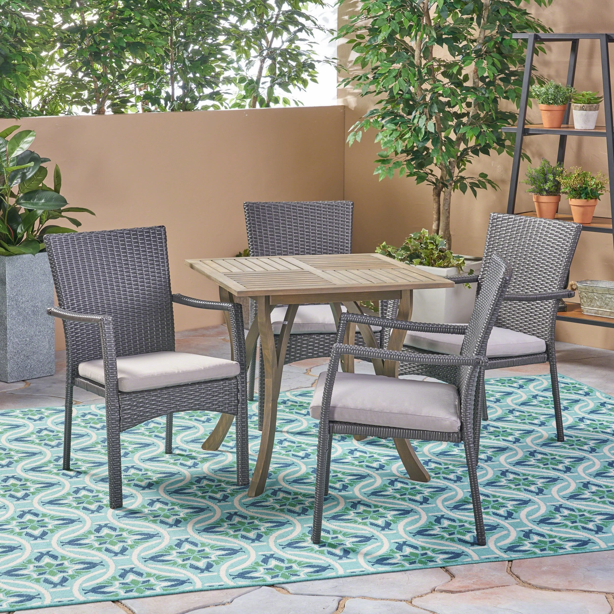 Outdoor 5 Piece Acacia Wood/ Wicker Dining Set with Cushions - NH703403