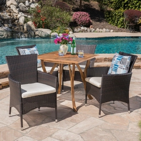Outdoor 5 Piece Acacia Wood/ Wicker Dining Set with Cushions, Teak Finish and Multibrown with Beige - NH603403 outdoor lounge chair, patio sofa