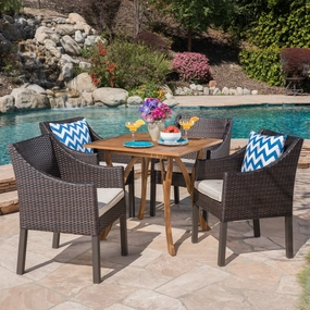 Outdoor 5 Piece Acacia Wood/ Wicker Dining Set with Cushions, Teak Finish and Multibrown with Beige - NH903403 outdoor lounge chair, patio sofa