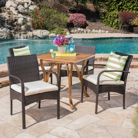 Outdoor 5 Piece Acacia Wood/ Wicker Dining Set with Cushions, Teak Finish and Multibrown with Crme - NH803403 outdoor lounge chair, patio sofa