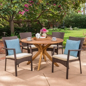 Outdoor 5 Piece Brown Wicker Dining Set with Teak Finish Acacia Wood Circular Table and Crme Water Resistant Cushions - NH670403 outdoor lounge chair, patio sofa