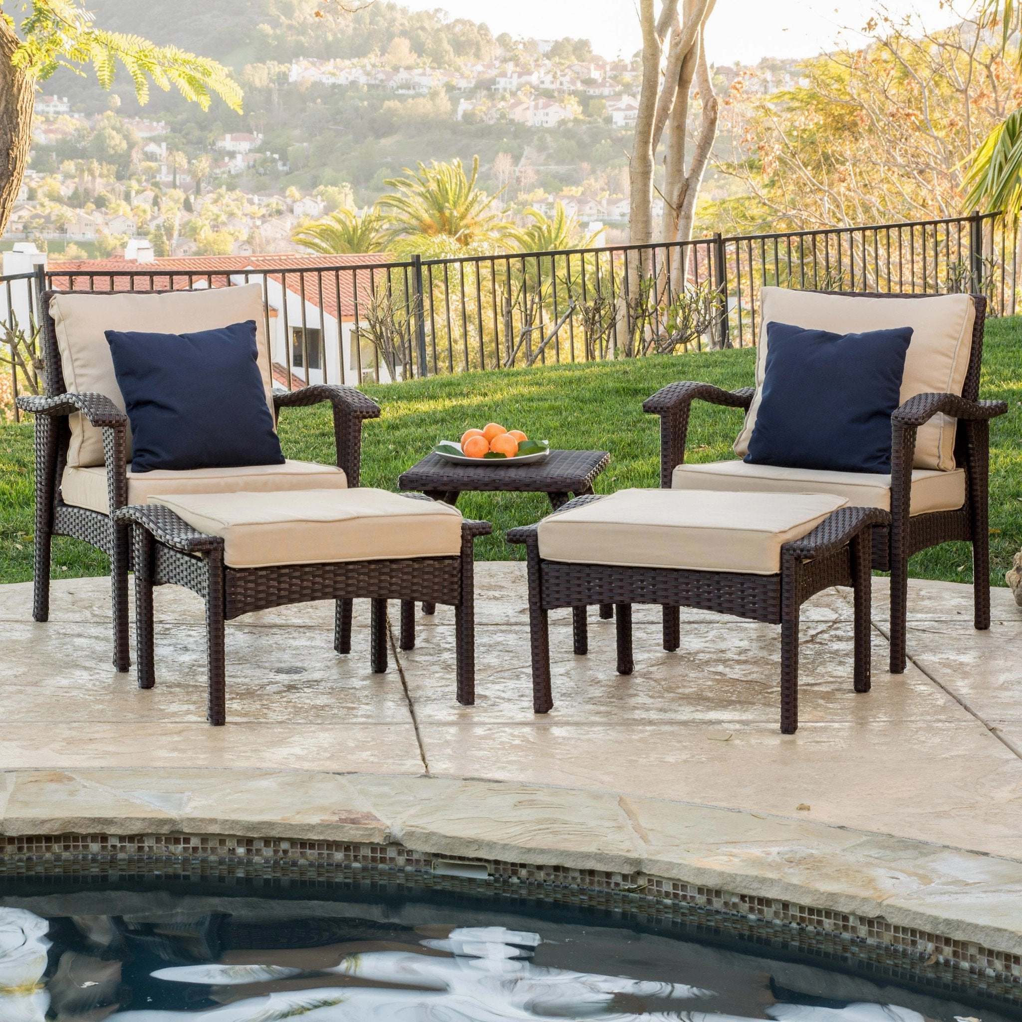 Outdoor 5-piece Brown Wicker Seating Set with Cushions - NH927692 outdoor furniture, garden bench