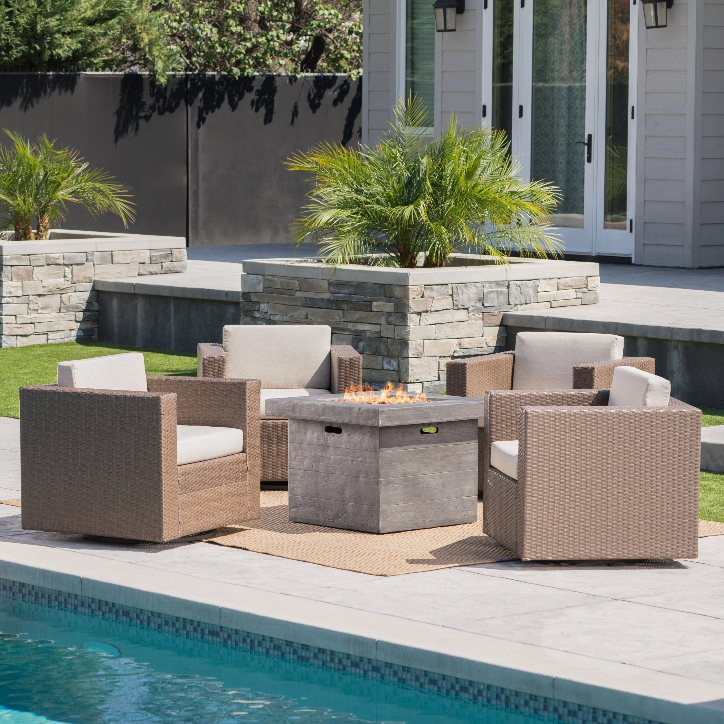 Outdoor 5 Piece Chat Set with Brown Wicker Club Chairs and Fire Pit - NH552203 outdoor furniture, garden bench