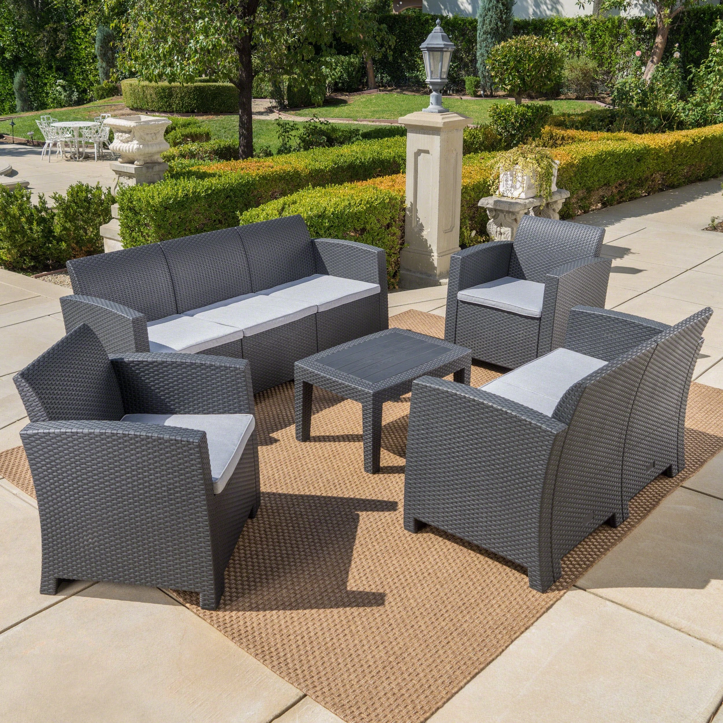 Outdoor 5 Piece Faux Wicker Rattan Chat Set with Sofa and Water Resistant Cushions - NH716203 outdoor furniture, garden bench