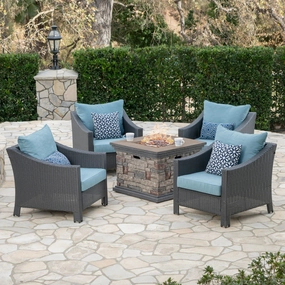 Outdoor 5 Piece Gray Wicker Chat Set with Stone Finished Fire Pit - NH943303 outdoor furniture, garden bench