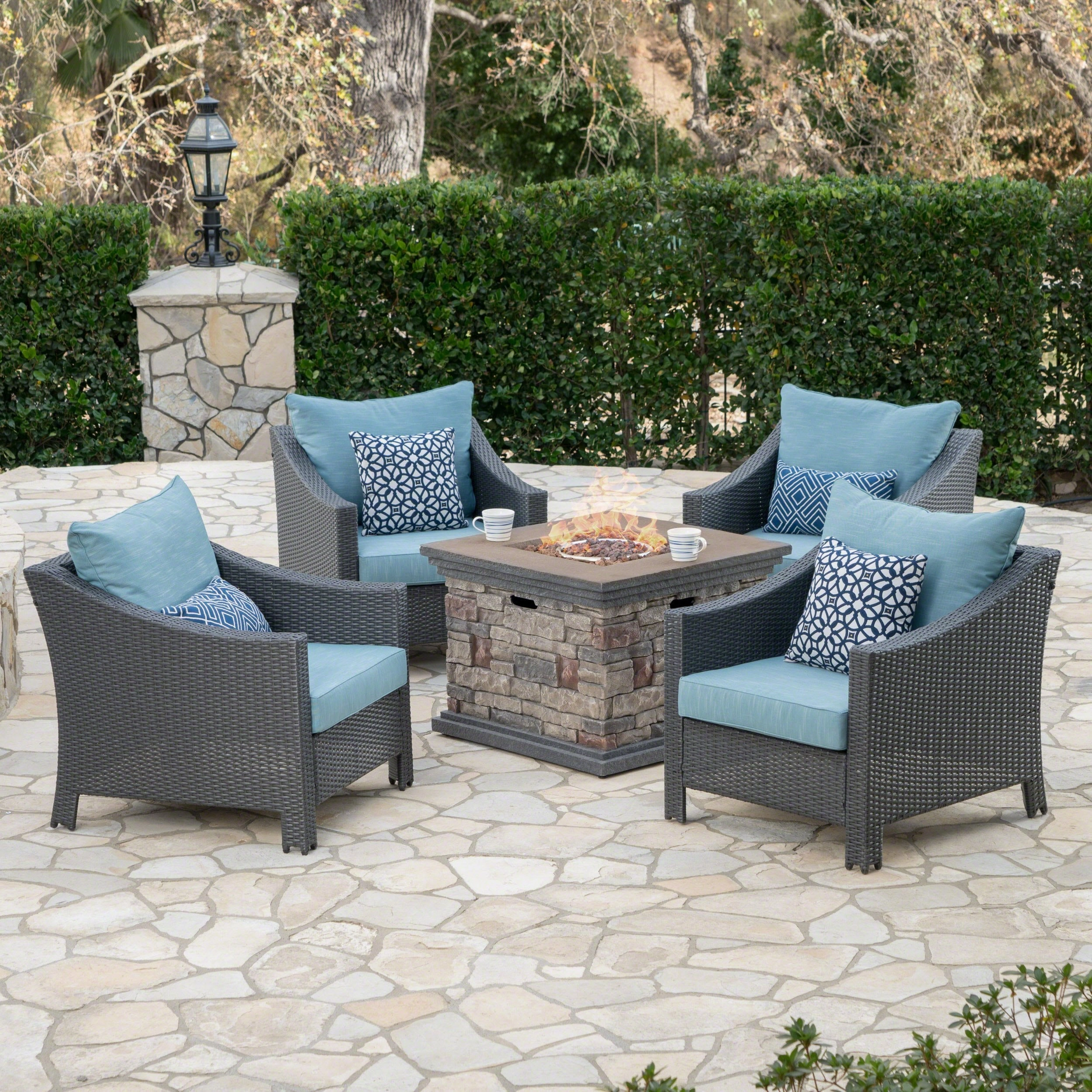 Outdoor 5 Piece Gray Wicker Chat Set with Stone Finished Fire Pit - NH943303 outdoor furniture, garden bench