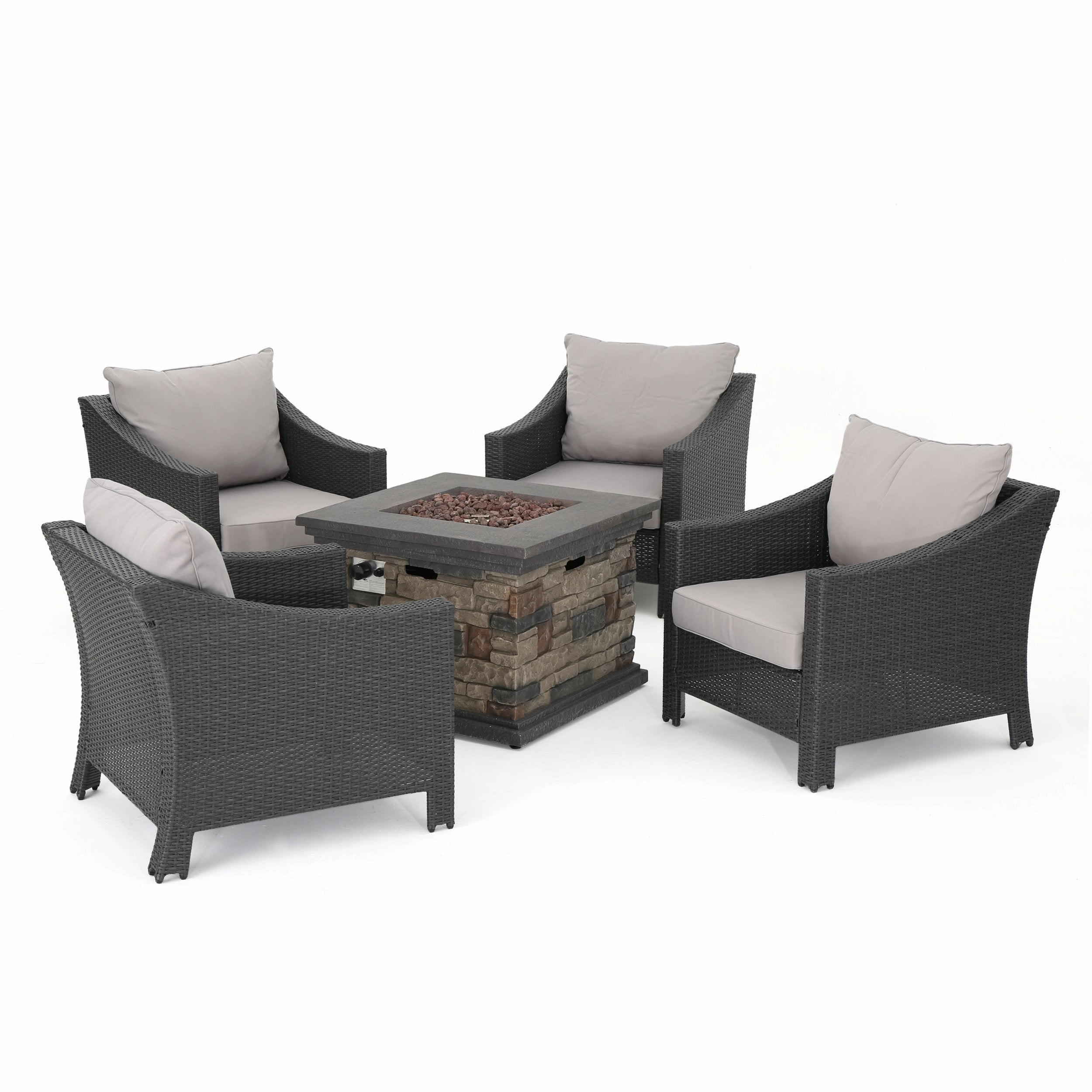 Outdoor 5 Piece Gray Wicker Chat Set with Stone Finished Fire Pit - NH943303