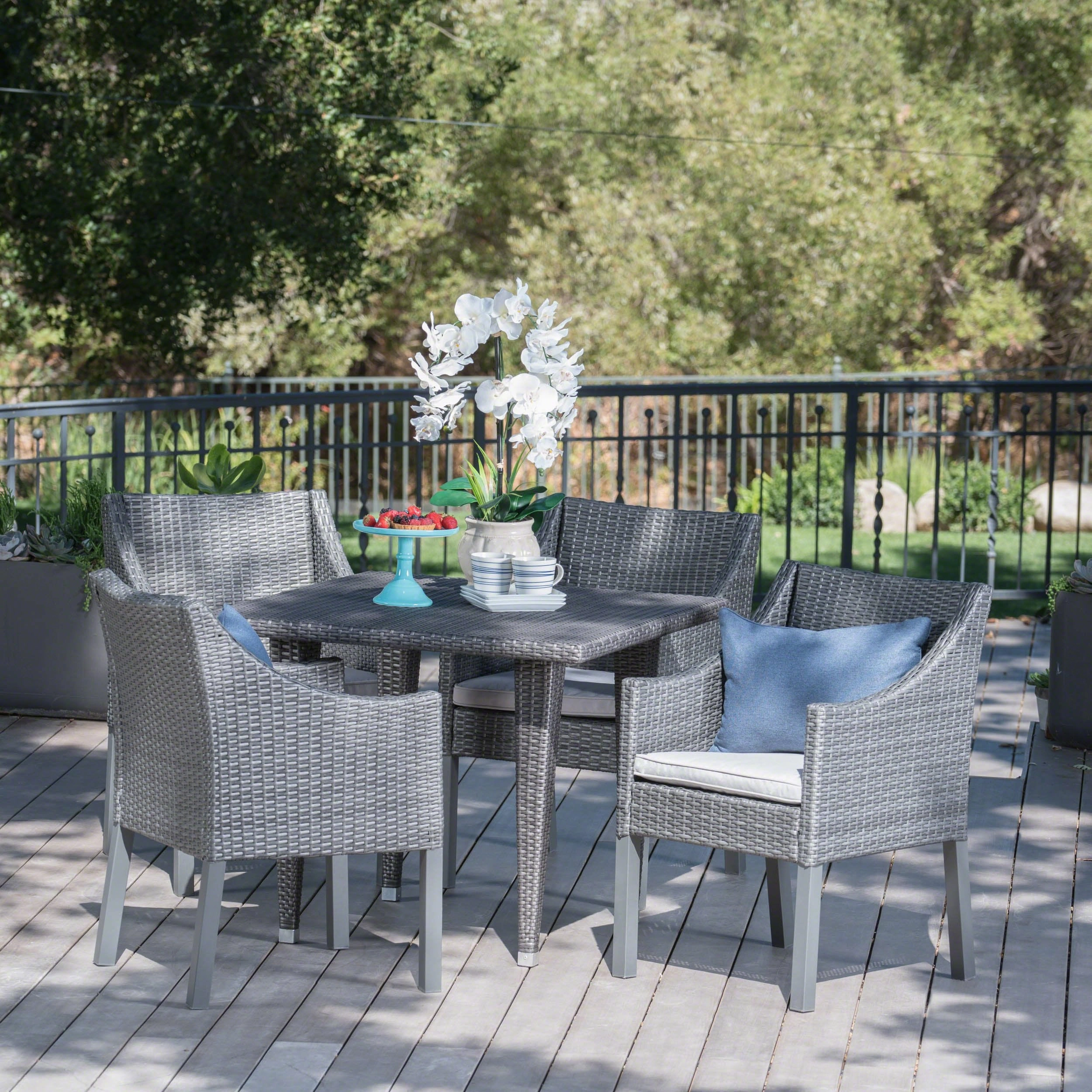 Outdoor 5 Piece Gray Wicker Dining Set with Water Resistant Cushions - NH123203 outdoor lounge chair, patio sofa