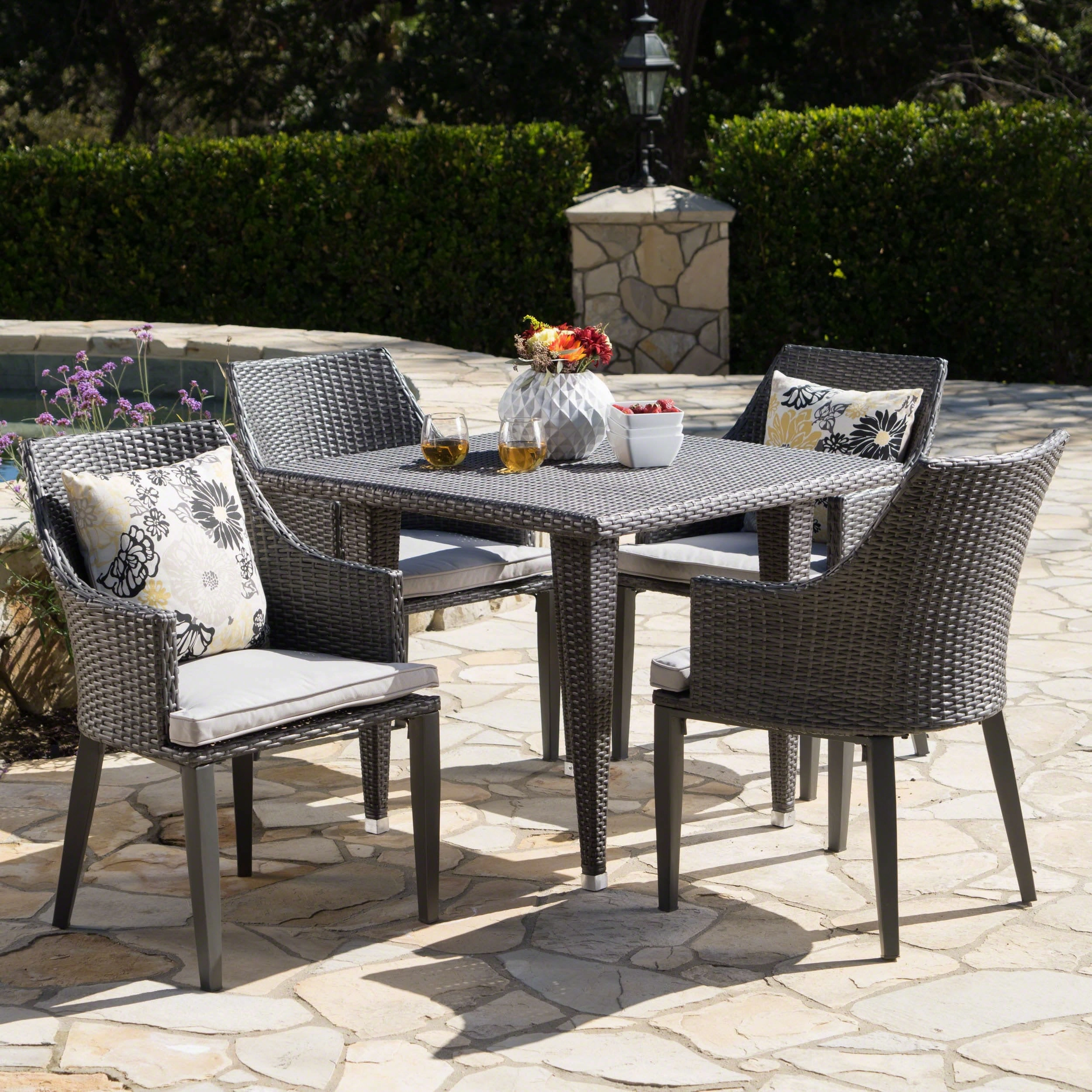 Outdoor 5 Piece Gray Wicker Dining Set with Water Resistant Cushions - NH664203 outdoor lounge chair, patio sofa