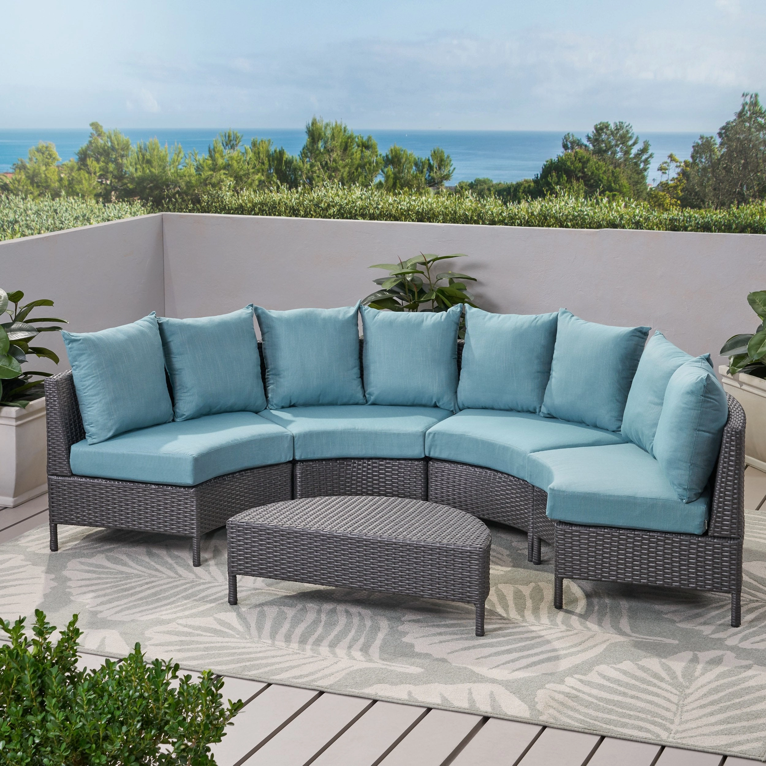Outdoor 5 Piece Gray Wicker Sectional Sofa Set with Teal Cushions - NH506203 outdoor furniture, garden bench