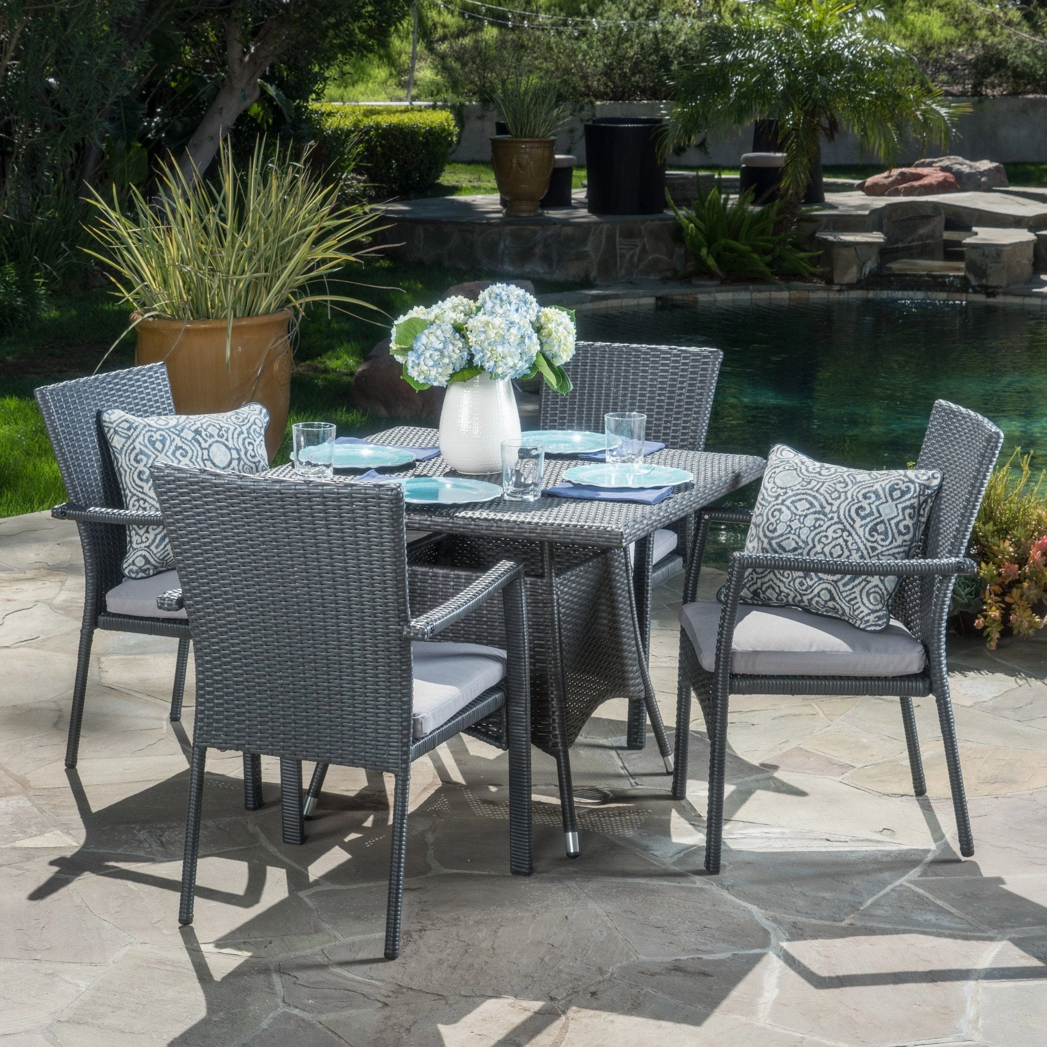 Outdoor 5 Piece Grey Wicker Dining Set with Cushions - NH202003 outdoor lounge chair, patio sofa