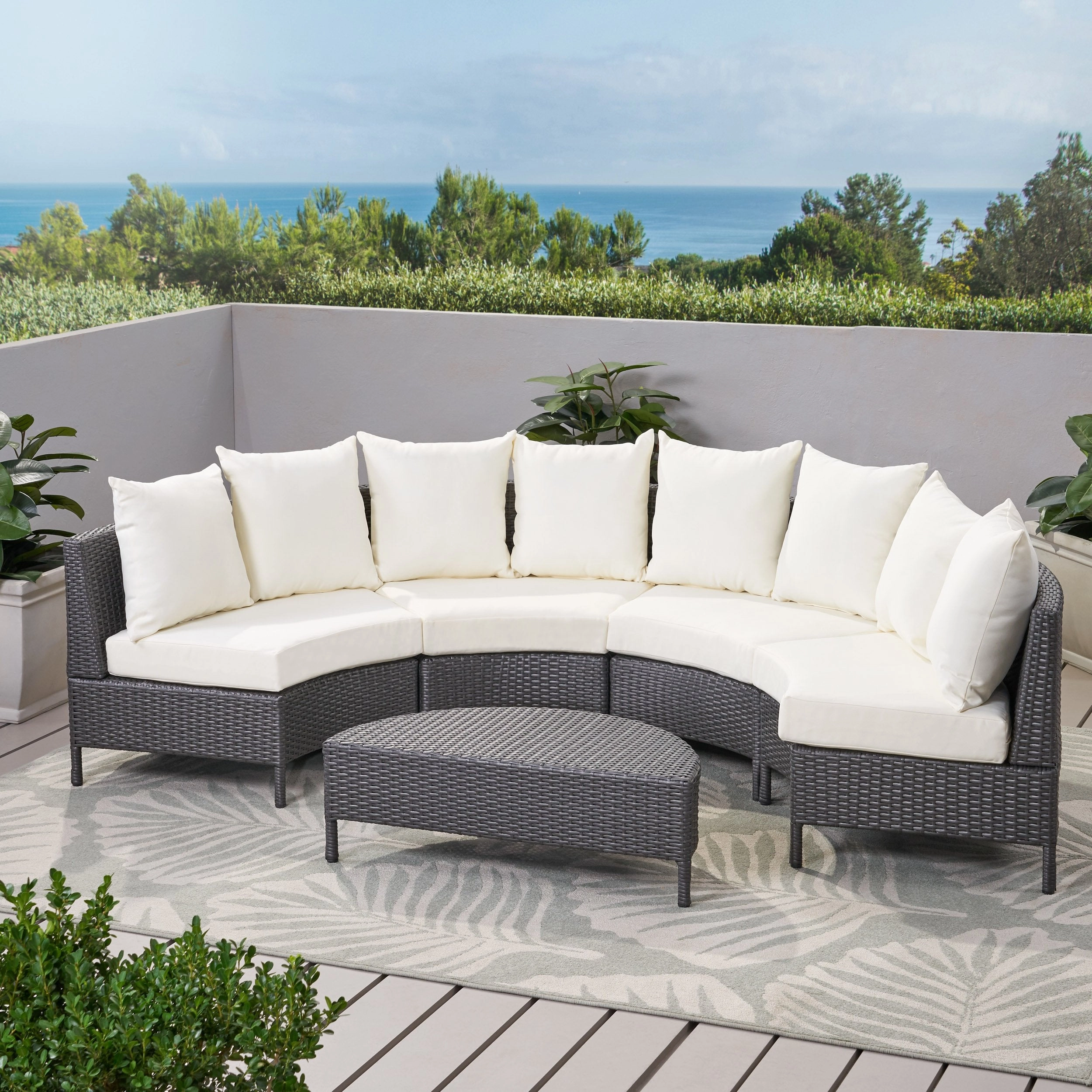 Outdoor 5 Piece Grey Wicker Sofa Set with White Water Resistant Fabric Cushions - NH147992 outdoor furniture, garden bench