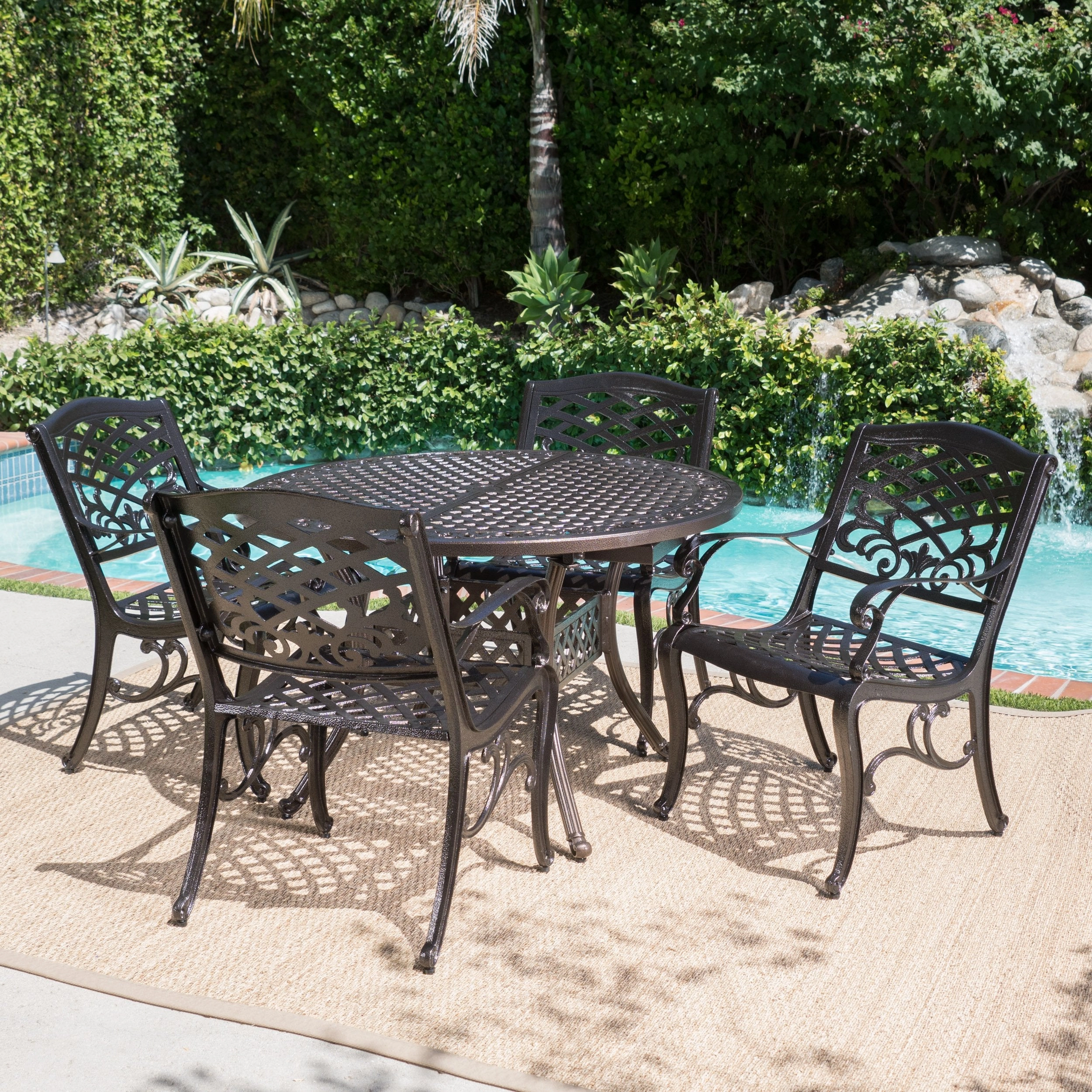 Outdoor 5 Piece Hammered Bronze Finished Aluminum Dining Set with Expandable Table - NH672103