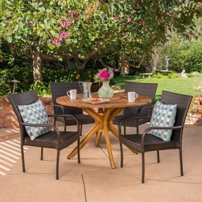 Outdoor 5 Piece Multibrown Wicker Dining Set with Teak Finish Circular Acacia Wood Dining Table - NH091403 outdoor lounge chair, patio sofa