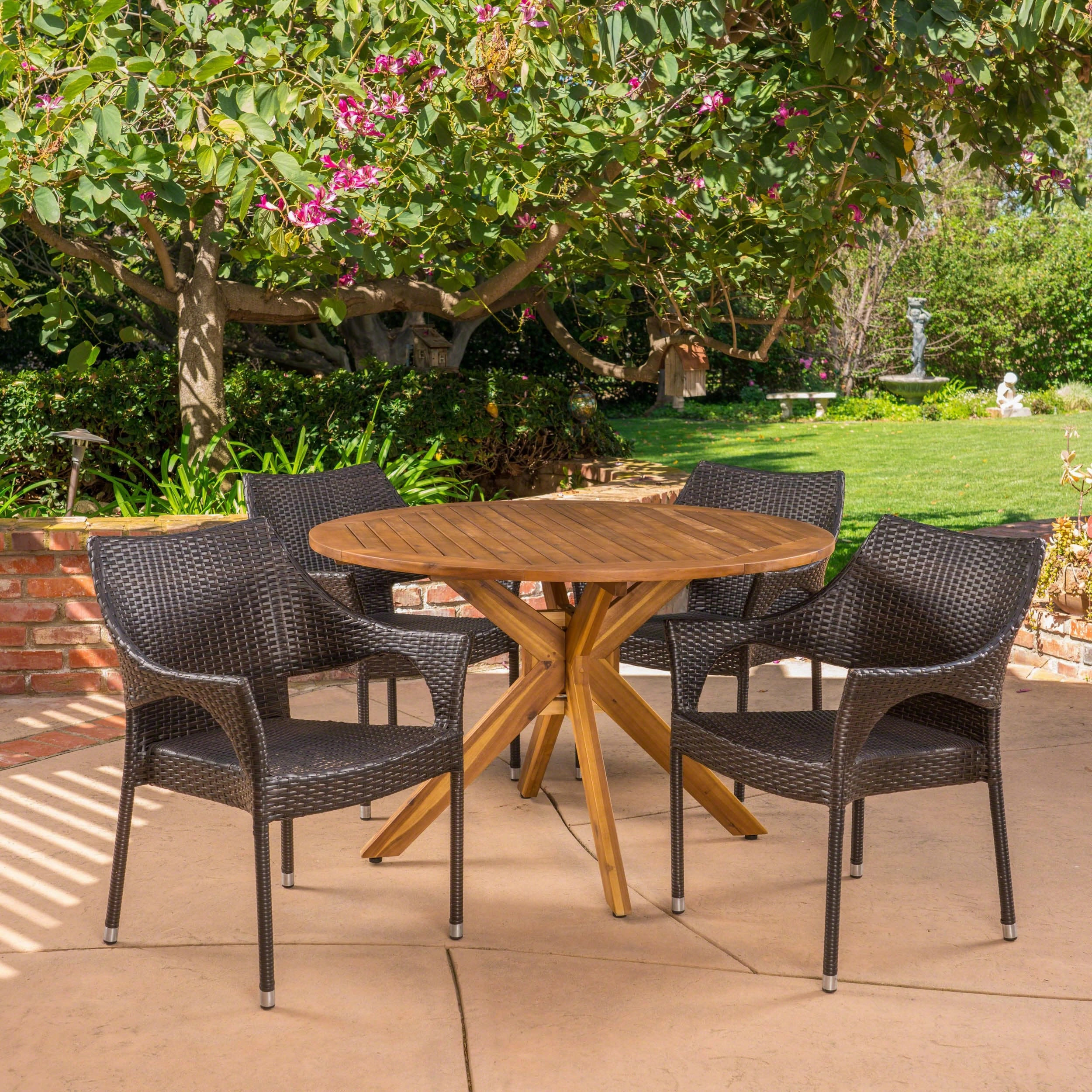 Outdoor 5 Piece Multibrown Wicker Dining Set with Teak Finish Circular Acacia Wood Dining Table - NH191403 outdoor lounge chair, patio sofa