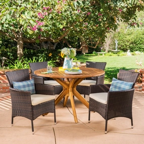 Outdoor 5 Piece Multibrown Wicker Dining Set with Teak Finish Circular Acacia Wood Dining Table and Beige Water Resistant Cushions - NH291403 outdoor lounge chair, patio sofa