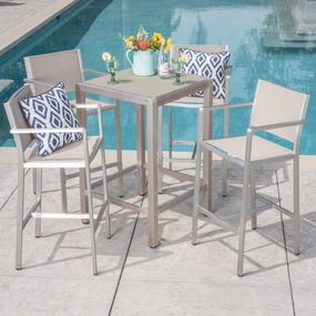 Outdoor 5 Piece Silver Rust-Proof Aluminum Bar Set with Grey Mesh Seats and Grey Tempered Glass Top Bar Table - NH662403 outdoor lounge chair, patio sofa