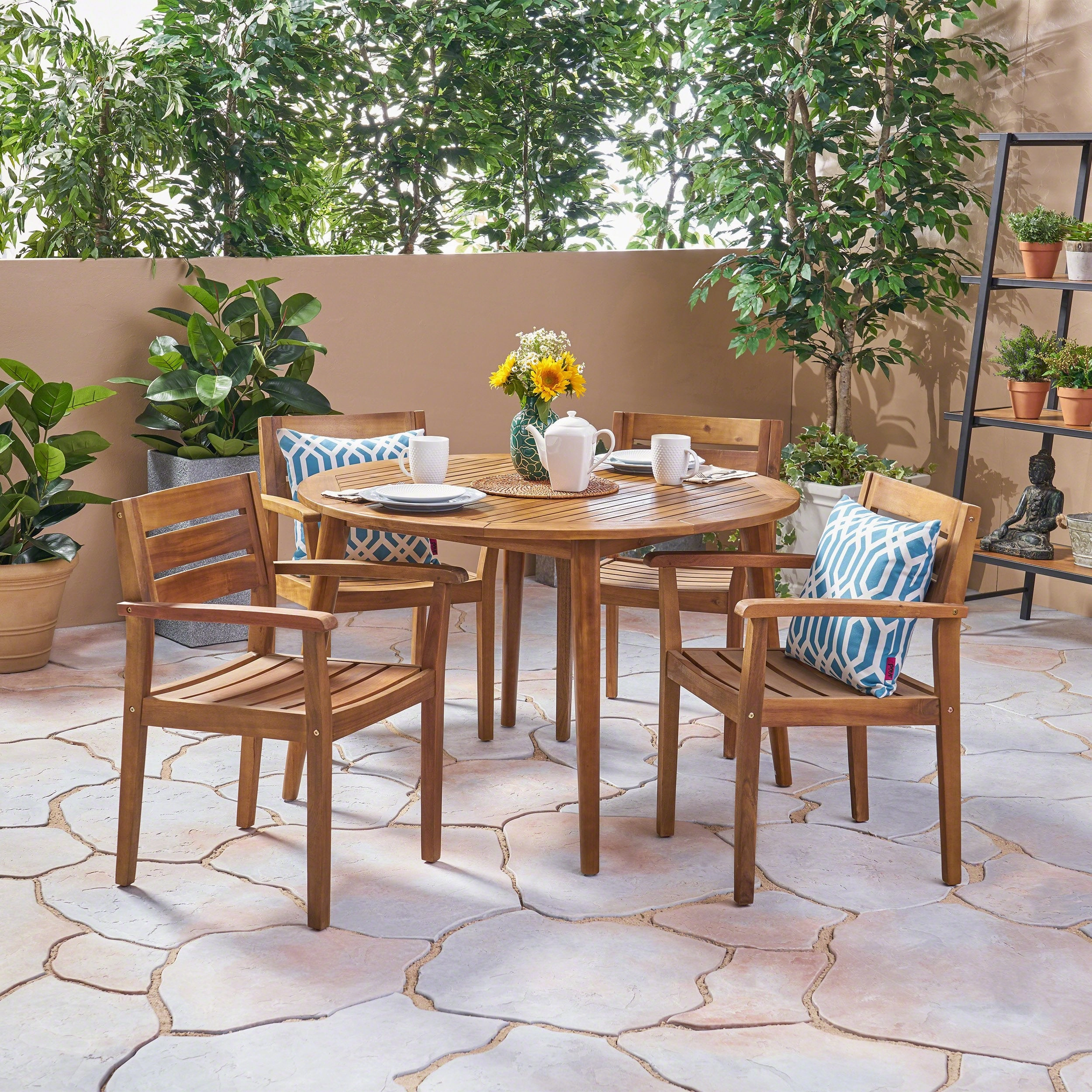 Outdoor 5 Piece Teak Acacia Wood Slatted Dining Set with Circular Table - NH703503 outdoor lounge chair, patio sofa