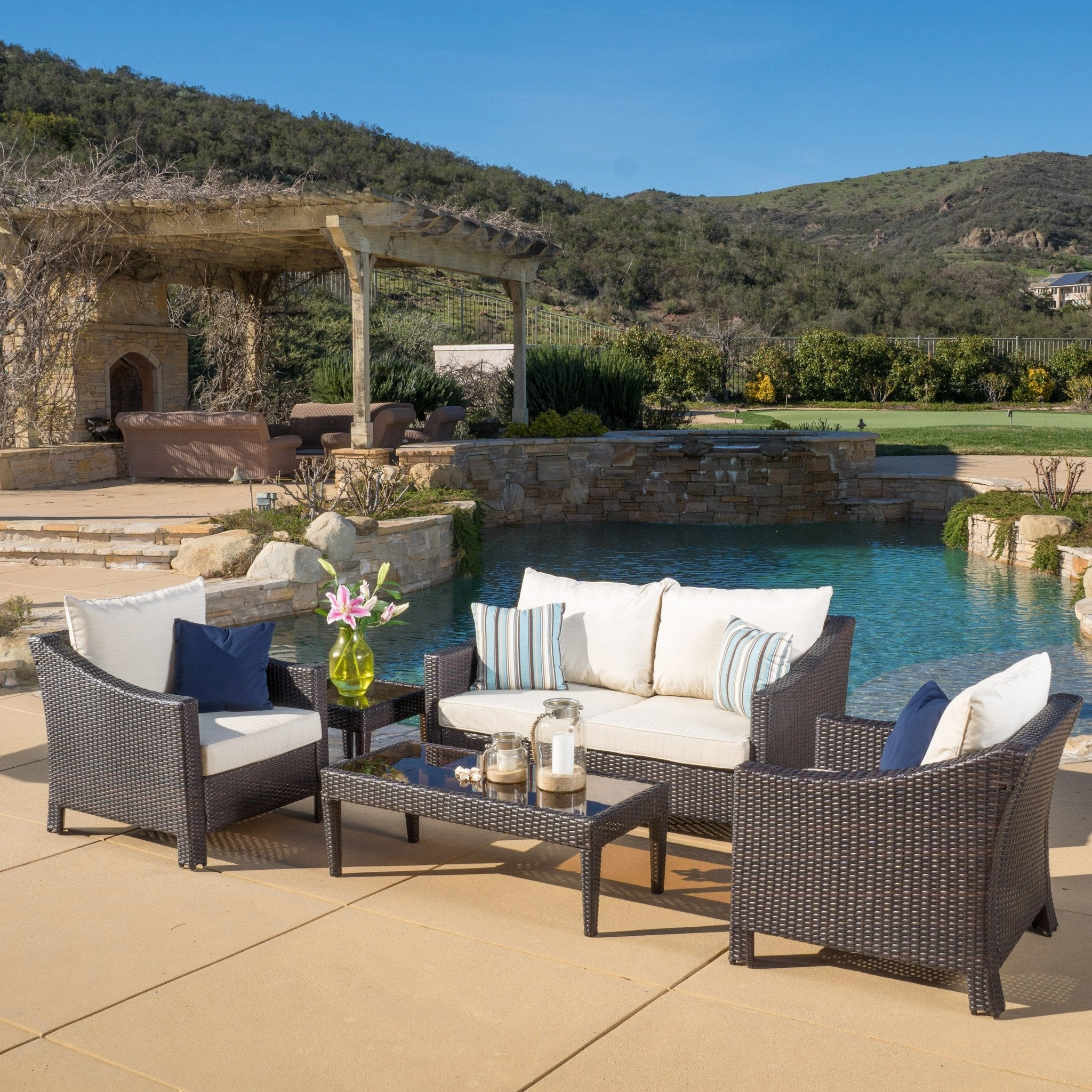 Outdoor 5-piece Wicker Chat Set with Cushions - NH260692 outdoor furniture, garden bench