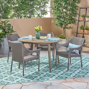 Outdoor 5 Piece Wicker Dining Set with Round Acacia Wood Slat Top Table - NH952503 outdoor lounge chair, patio sofa
