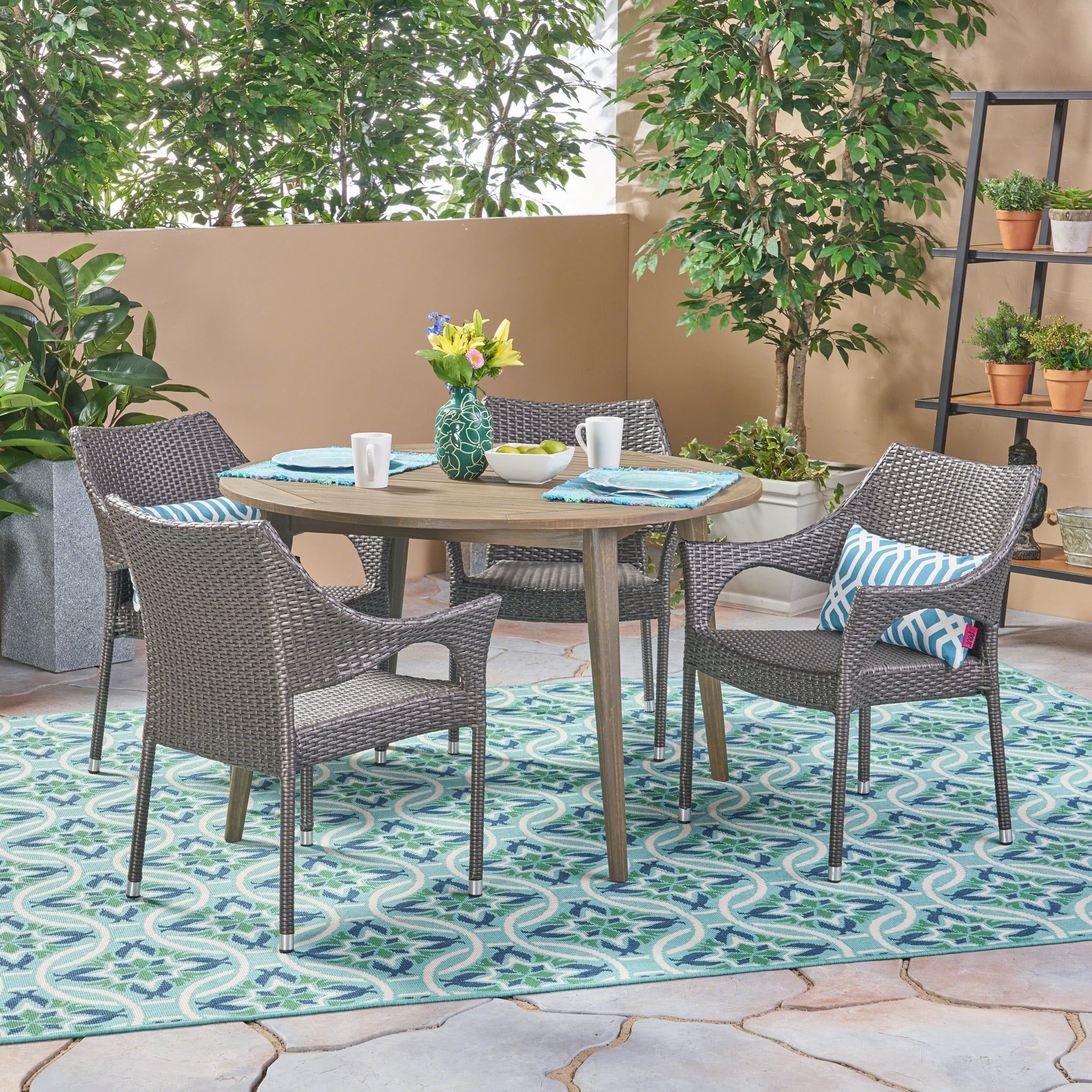 Outdoor 5 Piece Wicker Dining Set with Round Acacia Wood Slat Top Table - NH952503 outdoor lounge chair, patio sofa
