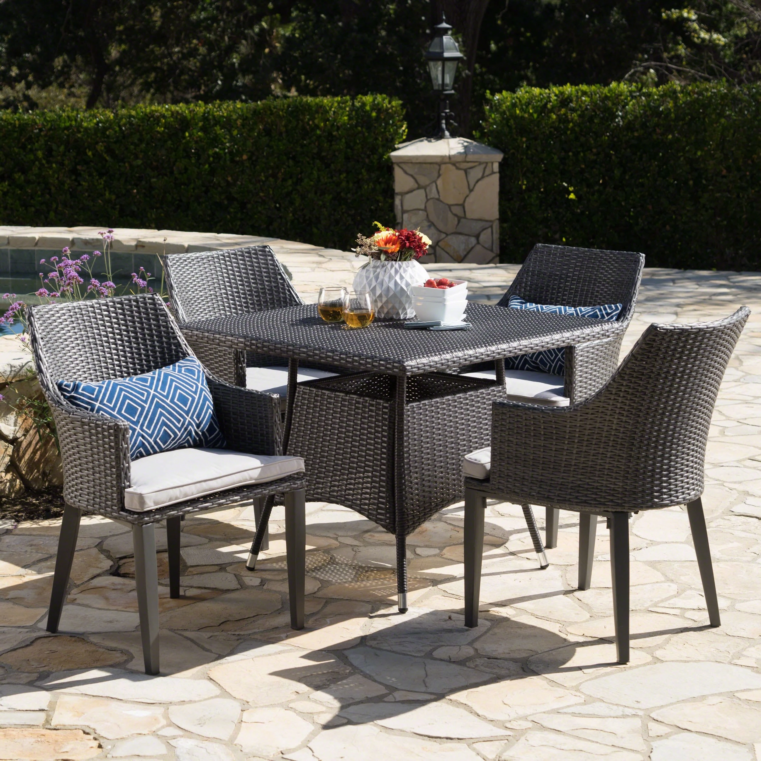 Outdoor 5 Piece Wicker Square Dining Set with Water Resistant Cushions - NH264203 outdoor lounge chair, patio sofa