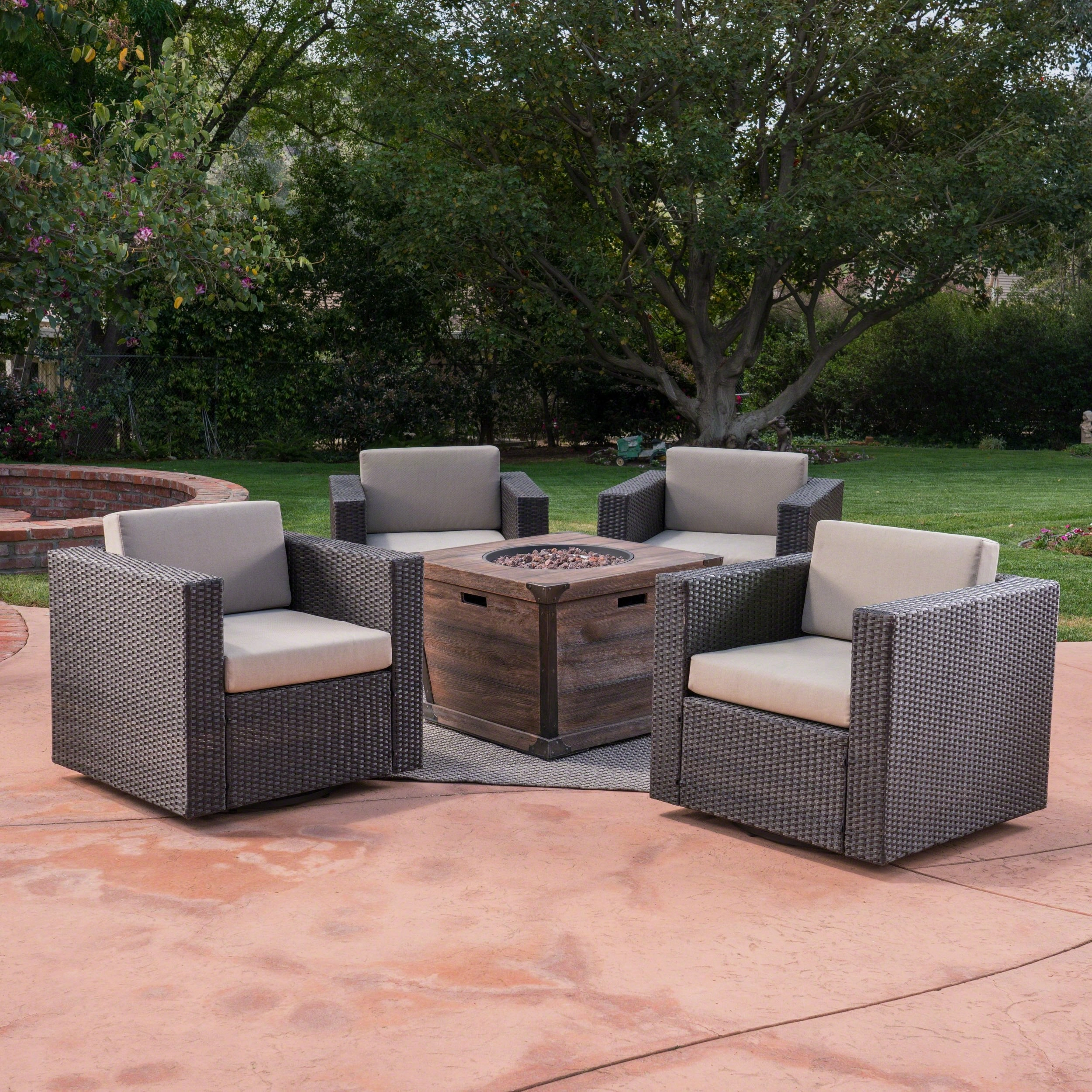 Outdoor 5 Piece Wicker Swivel Club Chair and Fire Pit Set, Dark Brown with Beige and Brown - NH153403 outdoor furniture, garden bench