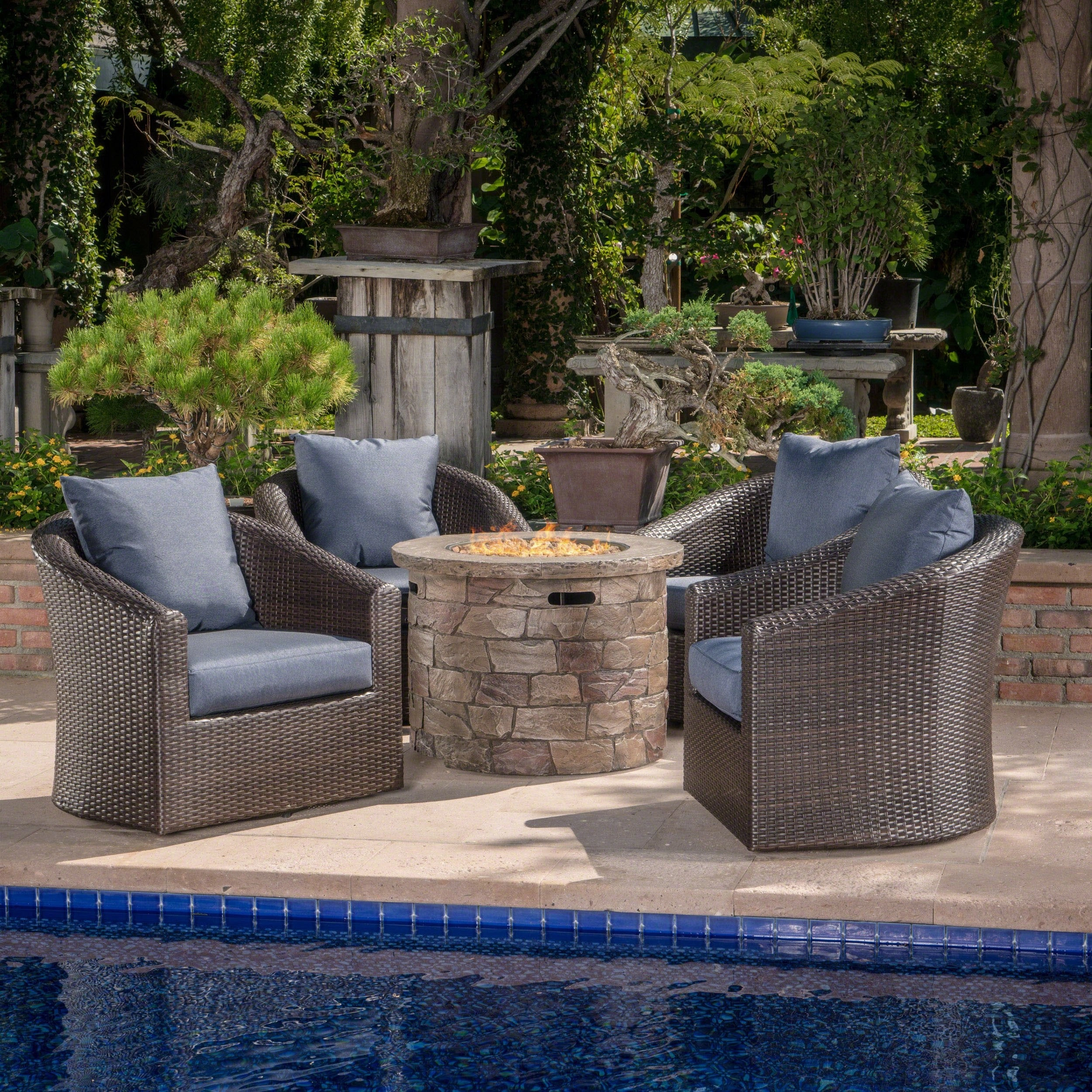Outdoor 5 Piece Wicker Swivel Club Chair Fire Pit Chat Set - NH735203 outdoor furniture, garden bench