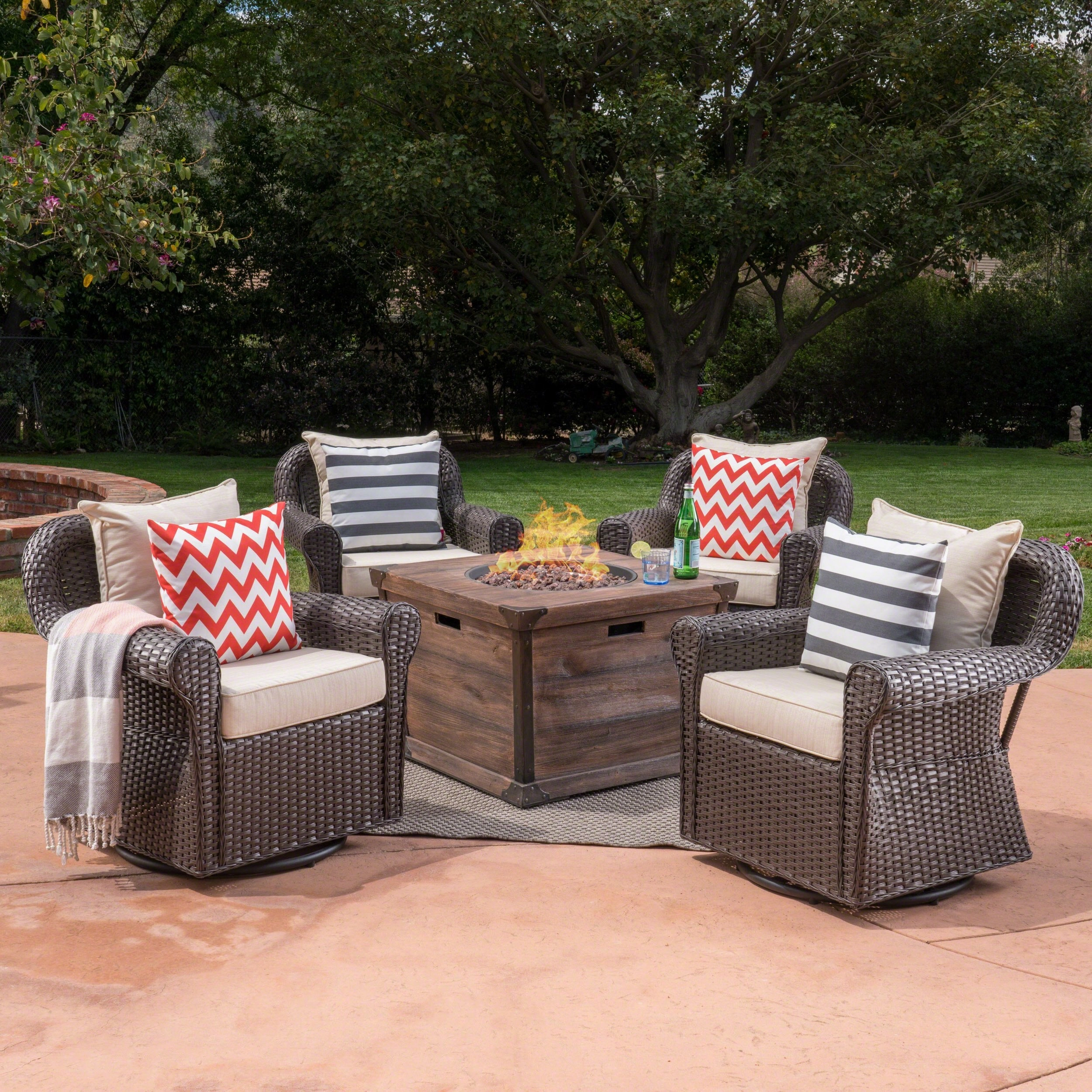 Outdoor 5 Piece Wicker Swivel Club Chair with Aluminum Frame and Fire Pit Set, Dark Brown with Beige and Brown - NH253403 outdoor furniture, garden bench
