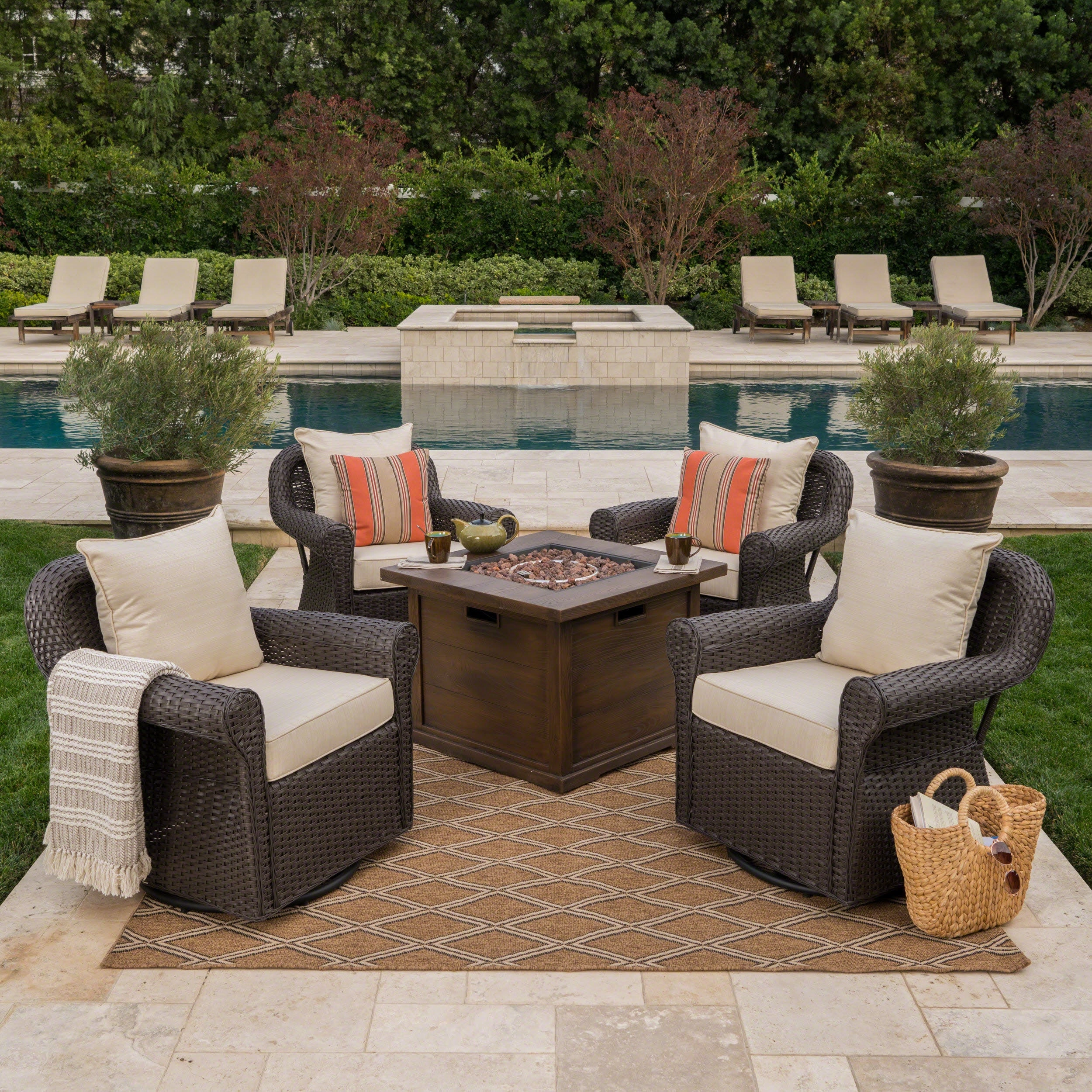 Outdoor 5 Piece Wicker Swivel Club Chairs with Brown Gas Fire Pit - NH628203 outdoor furniture, garden bench