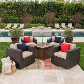 Outdoor 5 Piece Wicker Swivel Club Chairs with Brown Gas Fire Pit - NH728203 outdoor furniture, garden bench