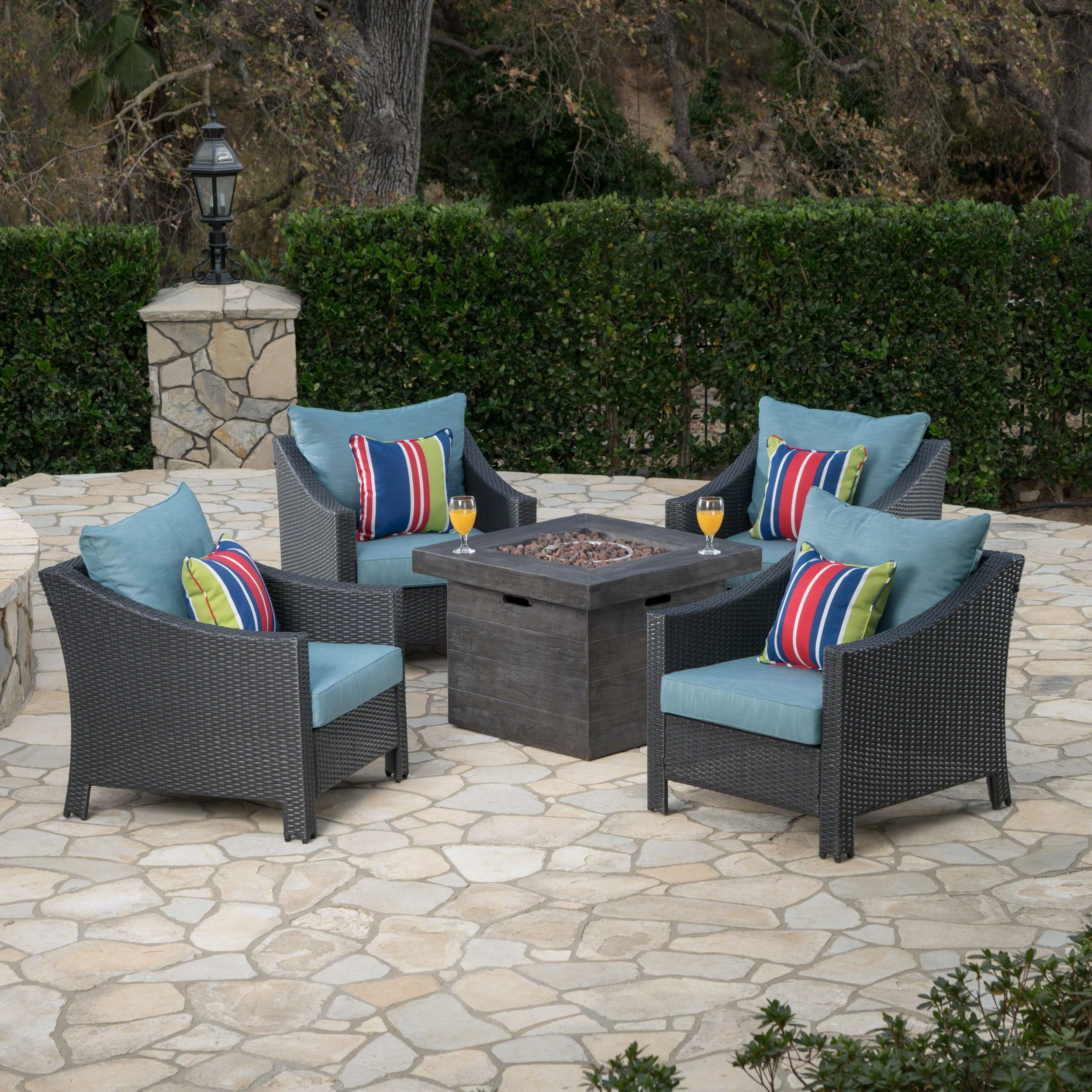 Outdoor 5 Piece Wicker Water Resistant Cushion Chat Set with Fire Pit - NH053303 outdoor furniture, garden bench